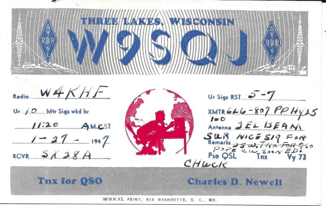 QSL 1947 Three Lakes Wisconsin   radio card