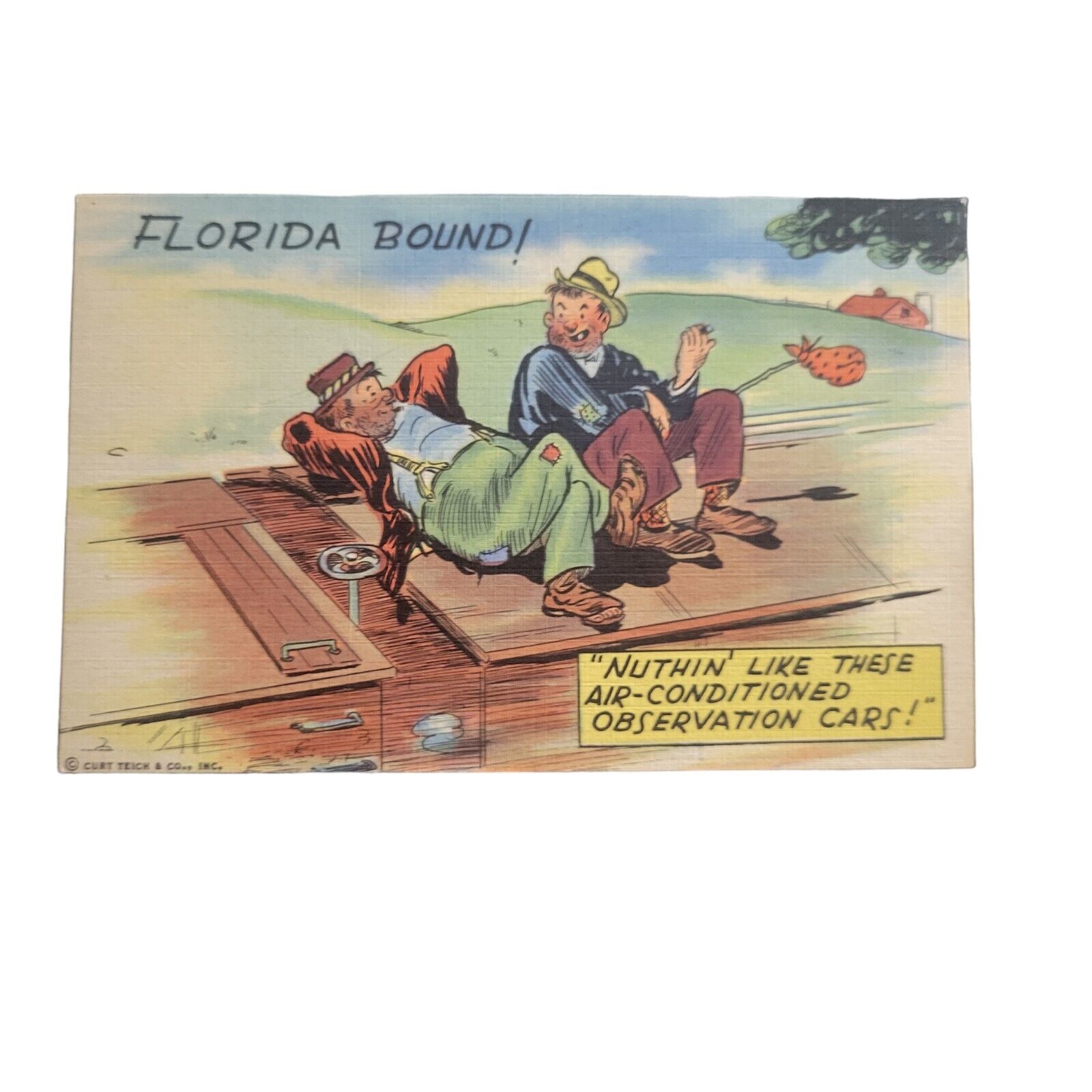 Vintage Curt Teich Florida Bound Hobos Riding Rail Car Divided Linen Postcard   