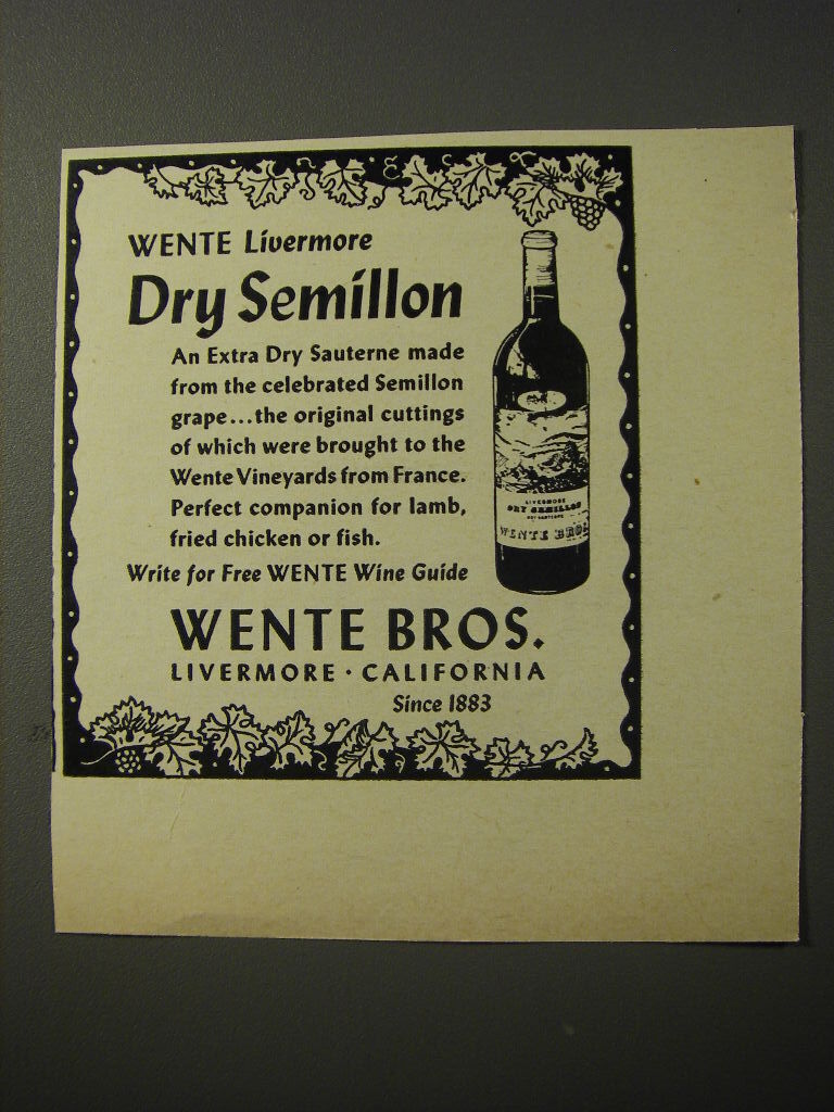 1953 Wente Bros. Livermore Dry Semillon Wine Advertisement