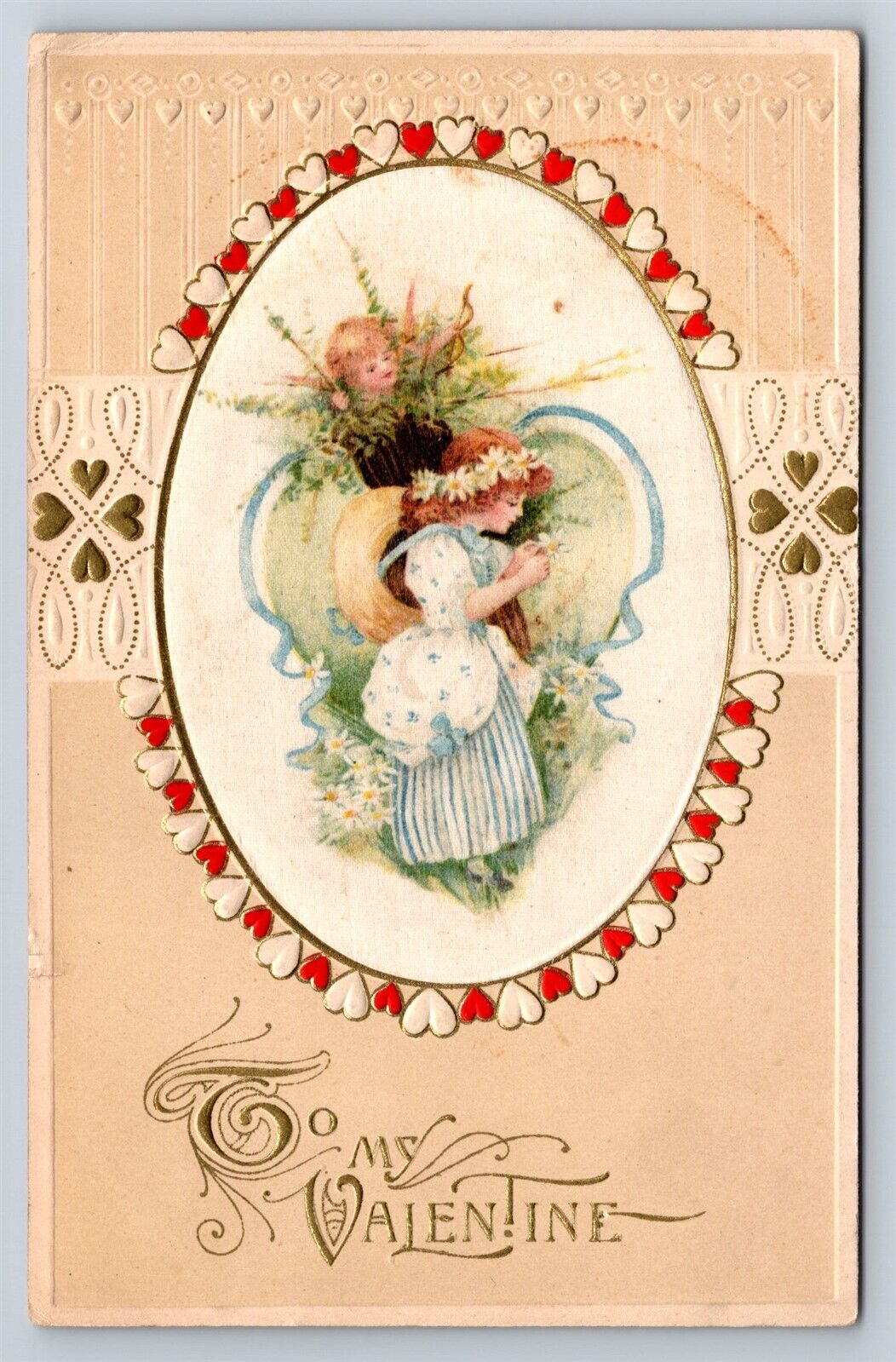 Postcard Valentines Day Silk John Winsch Young Children Flowers c1910s AD26