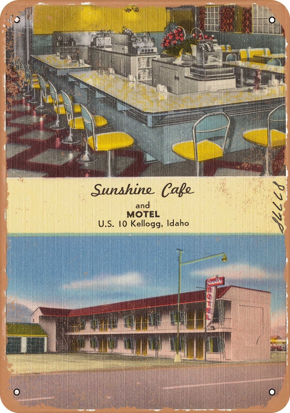 Metal Sign - Idaho Postcard - Sunshine Cafe and Motel, U.S. 10, Kellogg, Idaho