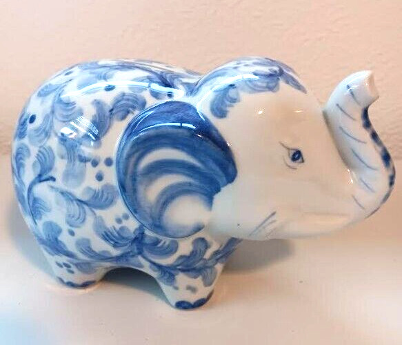Vintage Blue and White Floral Porcelain Elephant Coin Bank by Andrea Sadek