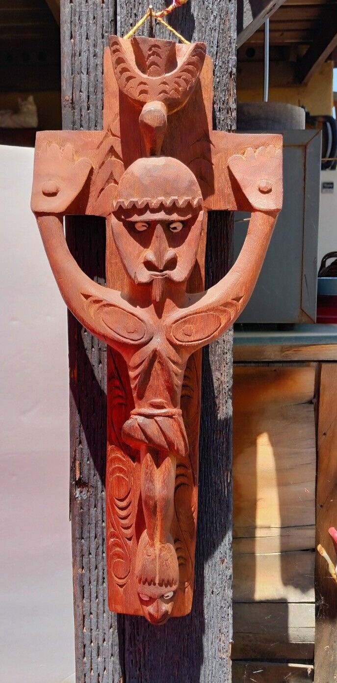 Papua New Guinea Hand Carved Wooden Transitional Crucified Jesus Cross.