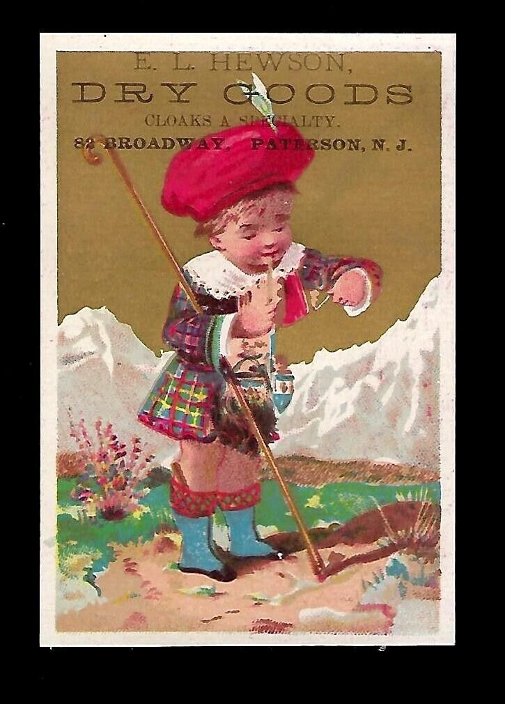 c1890\'s Victorian Trade Card E.L. Hewson Dry Goods, Scottish Boy Walking Stick