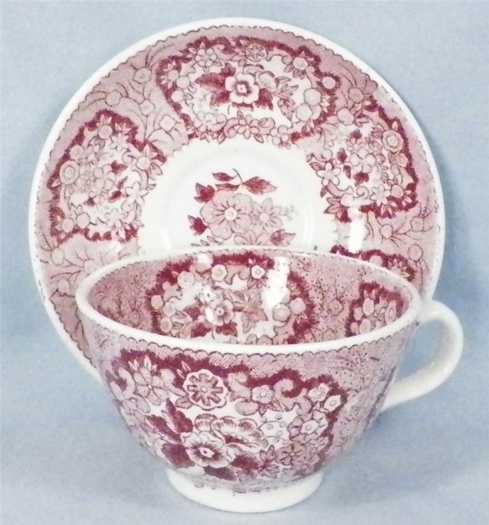 Oriental Transferware Cup & Saucer Pink Red Societe Ceramique Soft Paste Antique