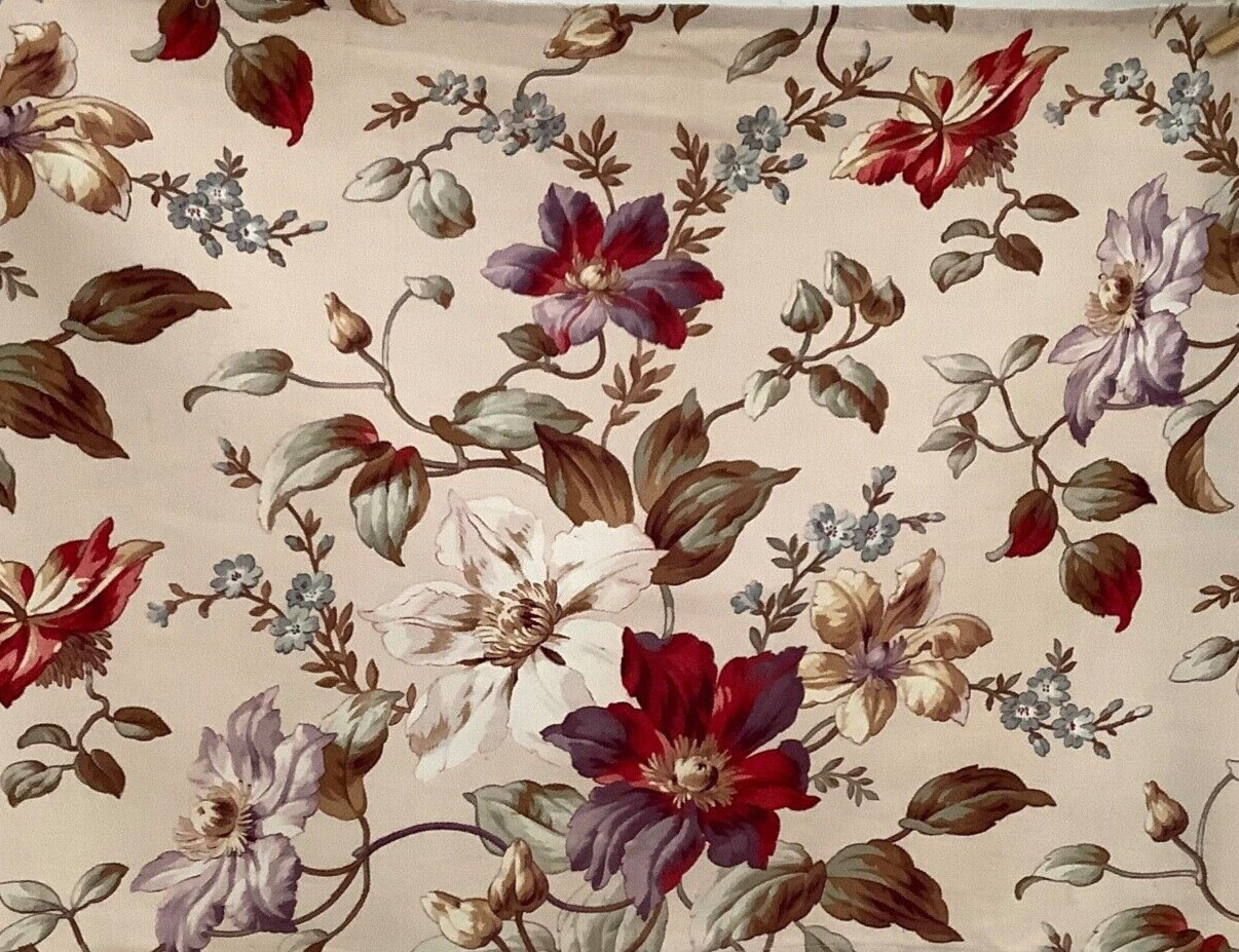 Antique Mid 19th Century French Cotton Fabric  Floral Clematis Purple 33\