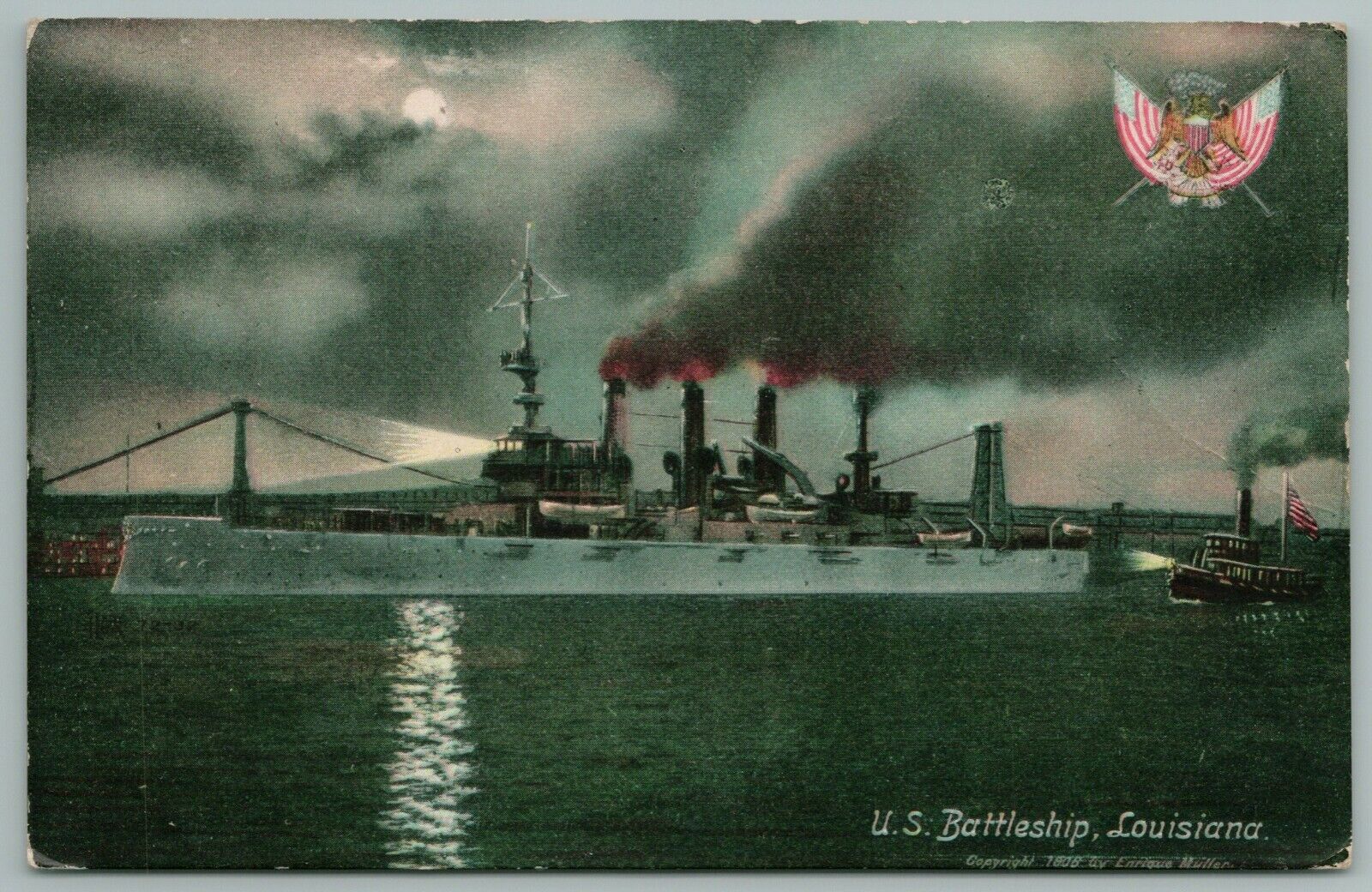 US Navy Battleship~USS Louisiana at Night~Searchlights~Eagle~Enrique Muller 1908
