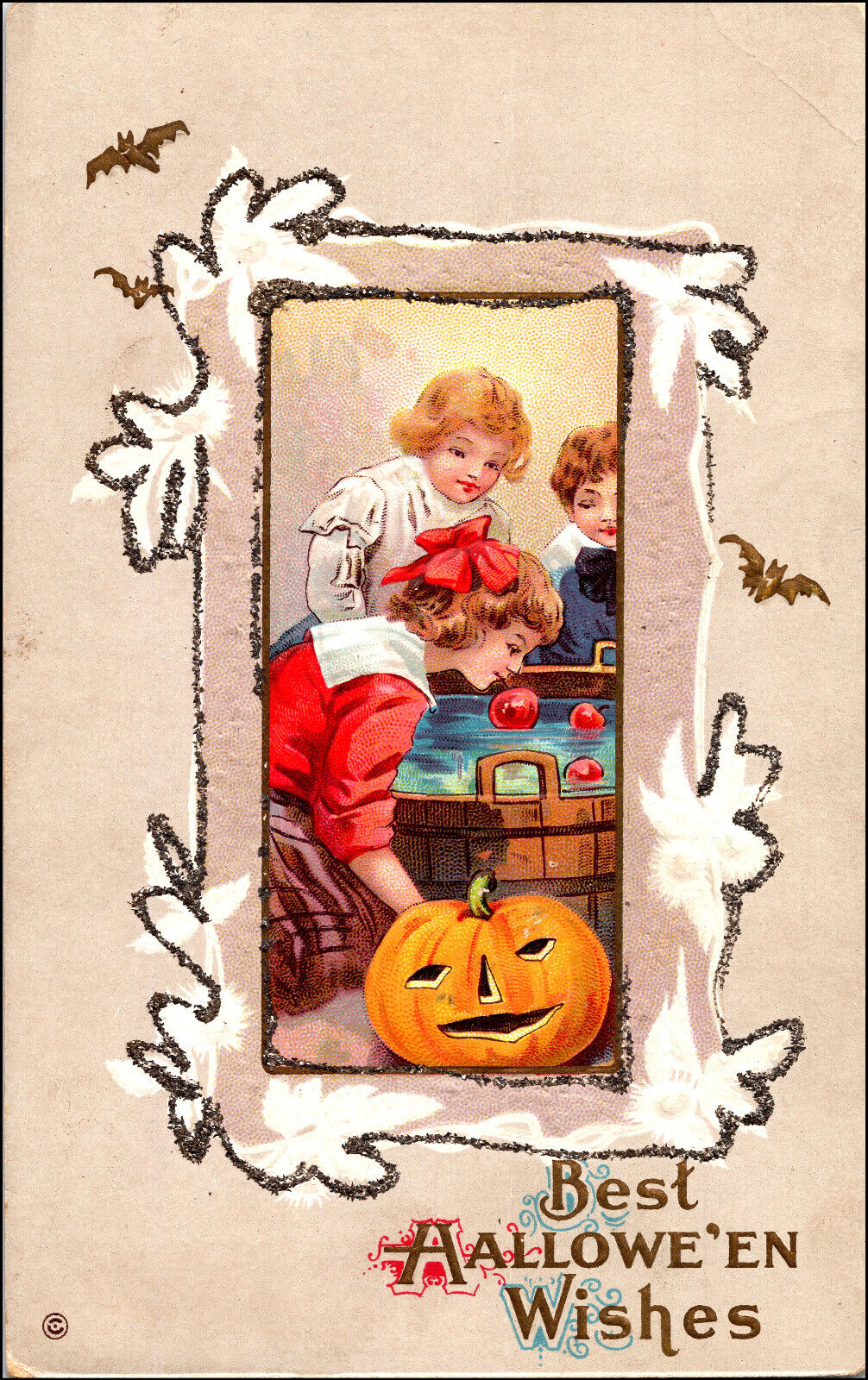 Early c1900s Halloween Embossed Postcard,Children Bobbing For Apples,Series 345B