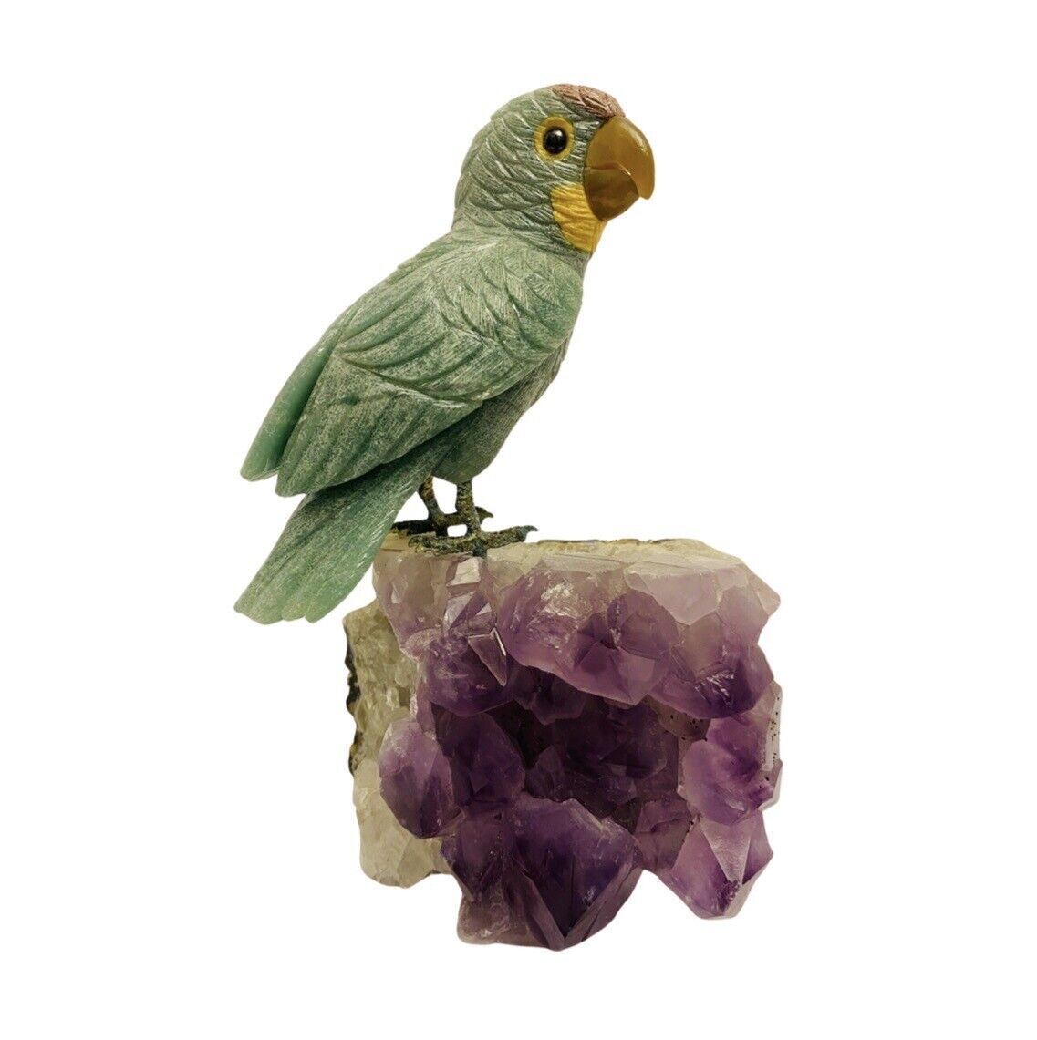 Vintage 8.75” Tall Hand Carved Gemstone Bird on Amethyst Geode Base Rare