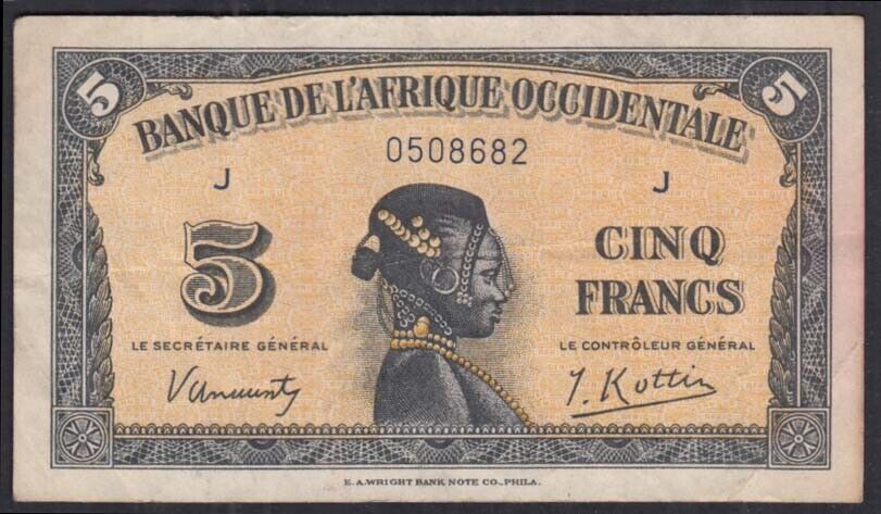 Banque de L'Afrique Occidentale 5 franc banknote 14 December 1942 West Africa