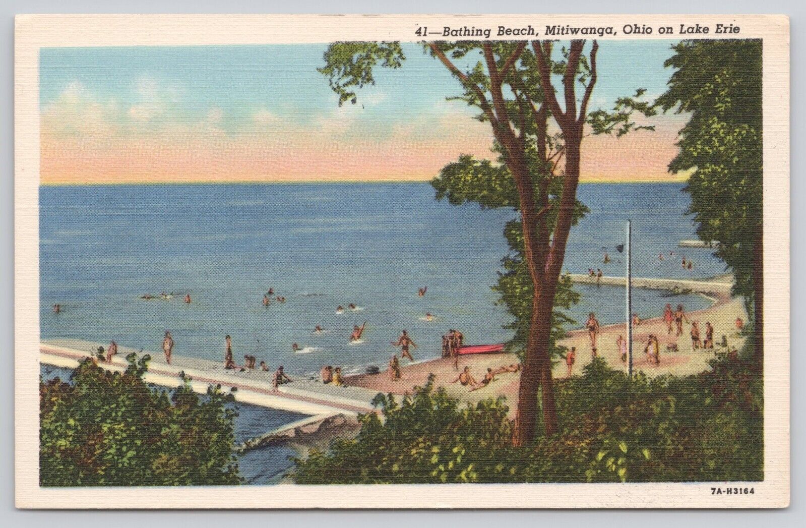 Mitiwanga Ohio OH Bathing Beach and Swimmers on Lake Erie Vintage 1937 Postcard