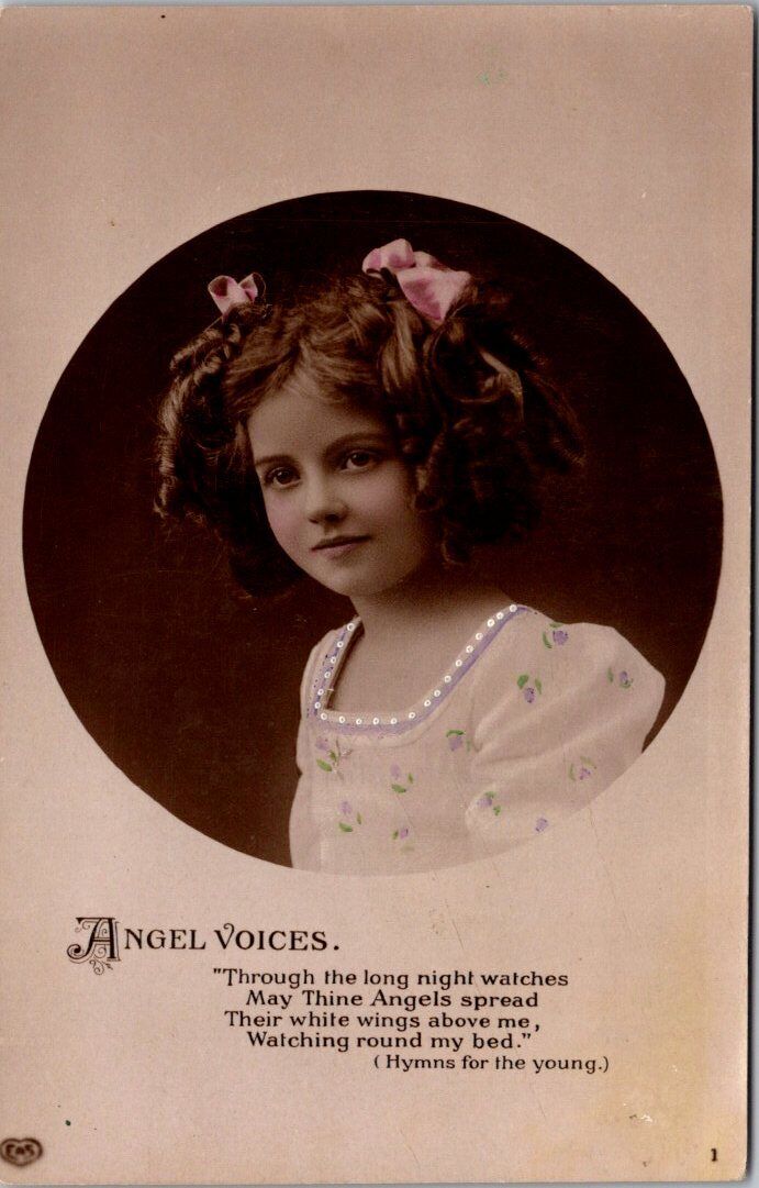 RPPC 1900\'s Little Girl Raised Beading Flower Dress Angel Voices Hymn Postcard 