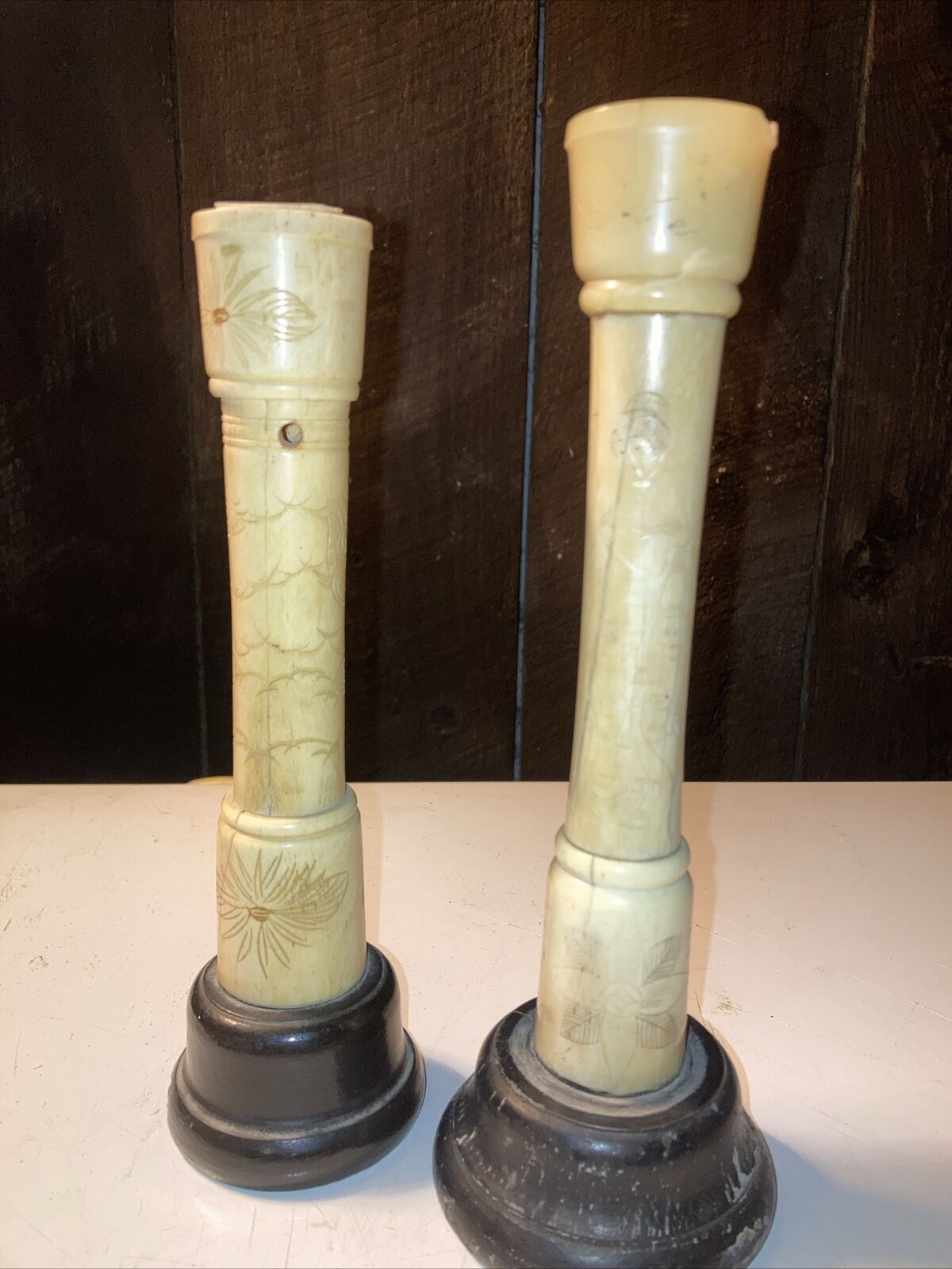 Antique Engraved Bone Candle Sticks 9.5”H