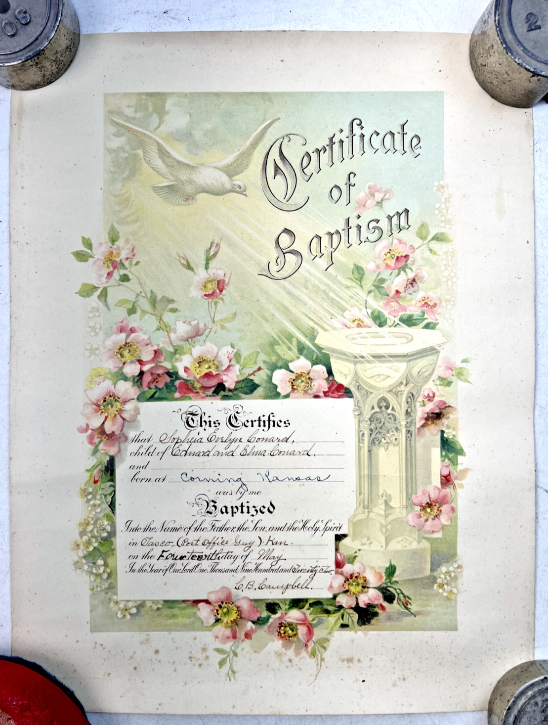 Antique 1922 Certificate of Baptism for Sophia Evelyn Conard - Corning, Kansas