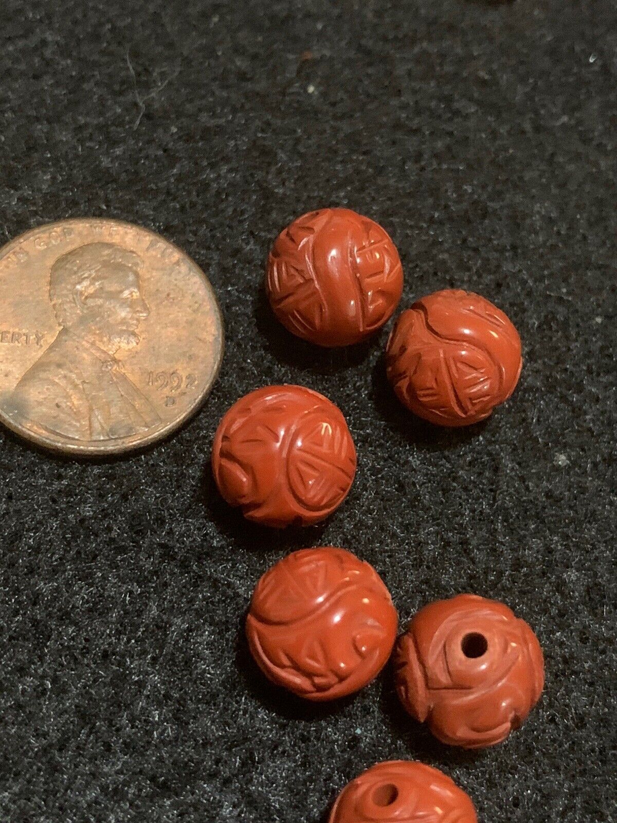 One Vintage Carved Chinese Bead Natural Red Jasper Double Shou Design 10mm Round