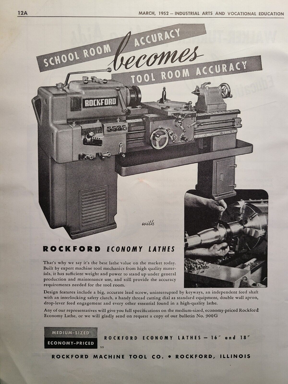 Vintage Print Ad 1952 Rockford Economy Lathes Accuracy School Shop Machine