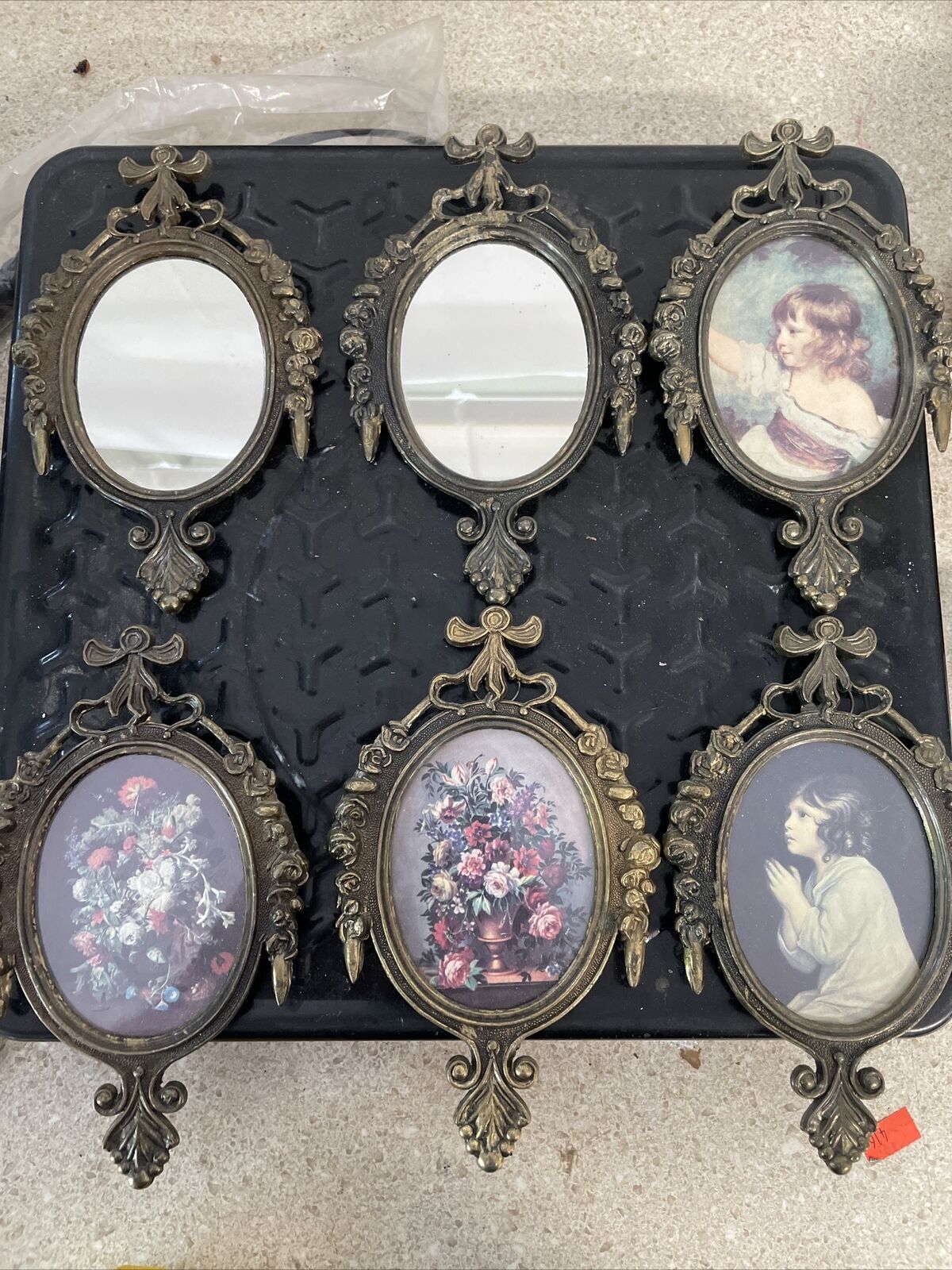 6 Vintage Brass Oval Italian Picture Frames Made in Italy Flower, Mirror , Girl