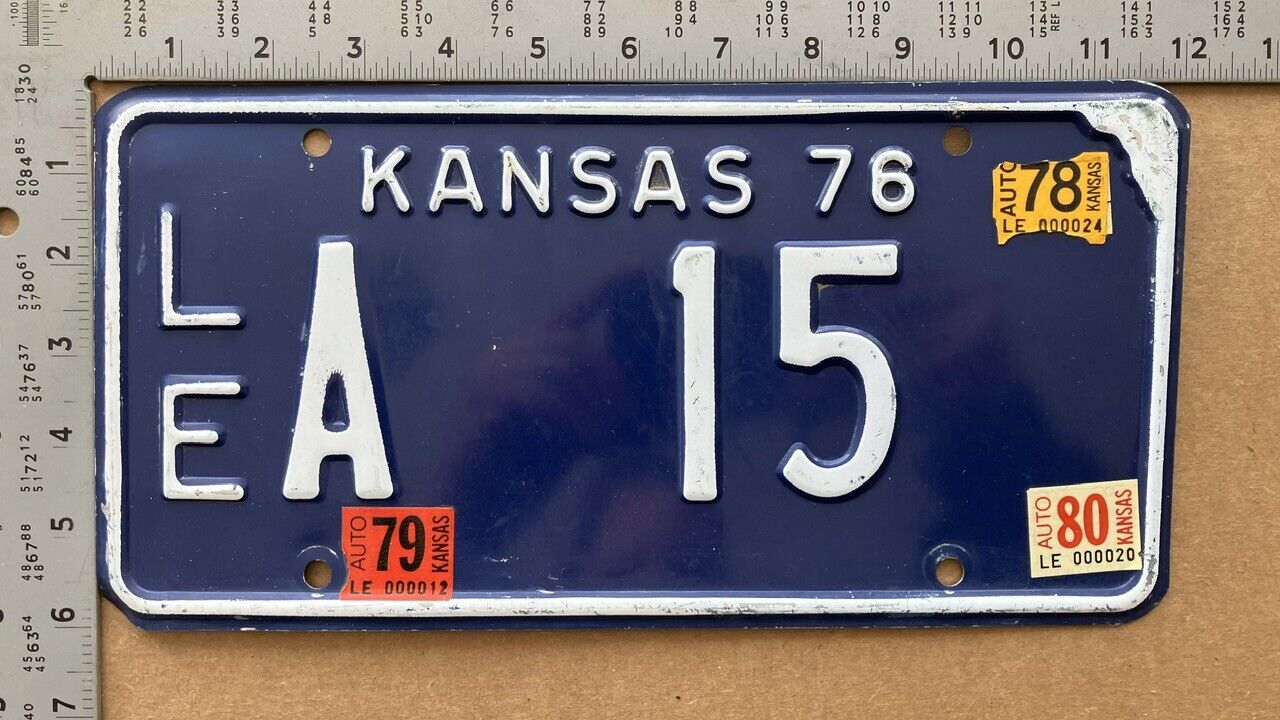 1980 Kansas license plate LE A 15 YOM DMV tough LANE county low number 15185