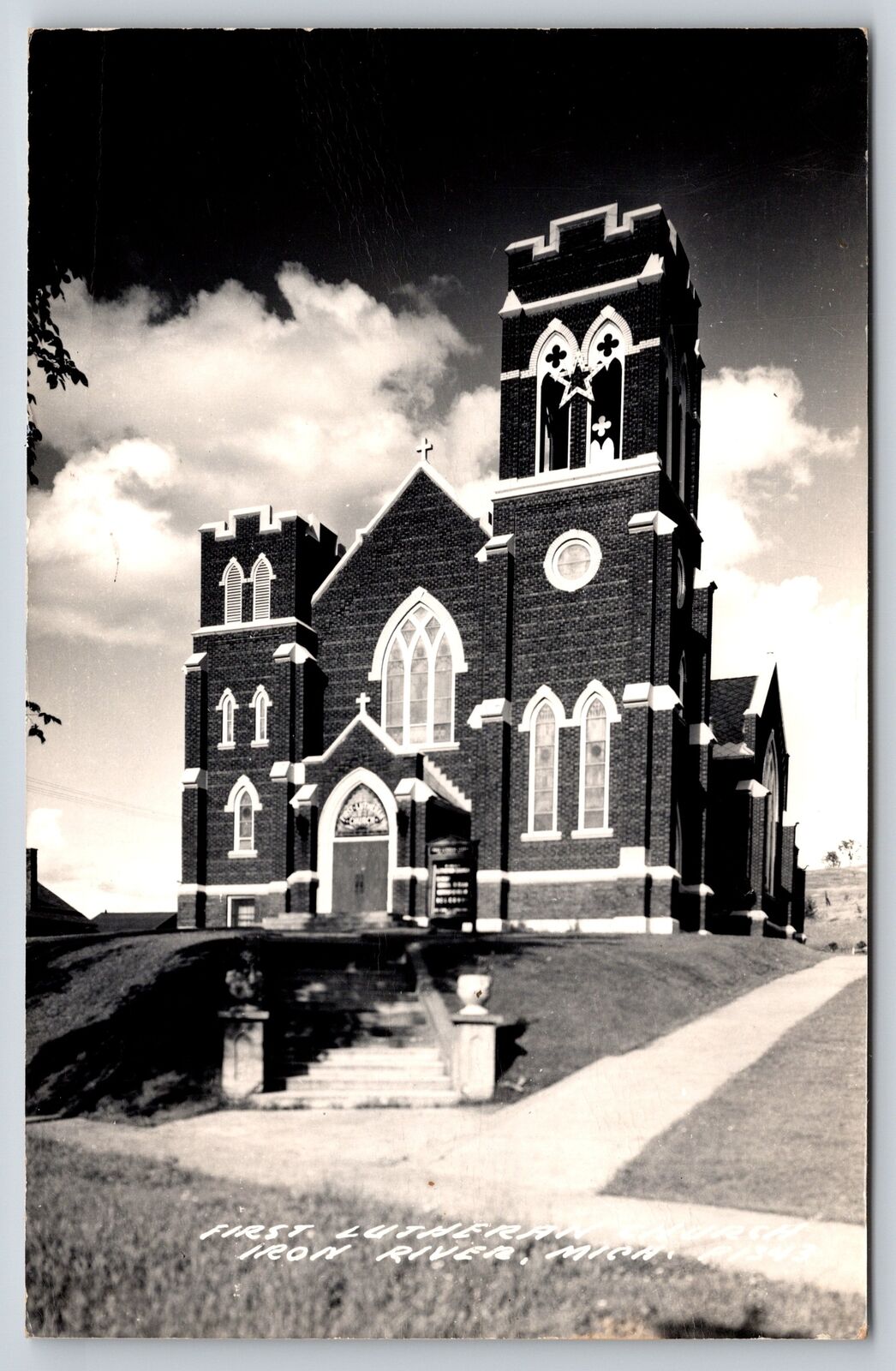 Iron River Michigan~First Lutheran Church~View Up Steps~1956 RPPC
