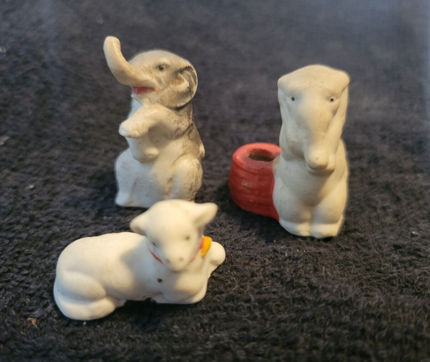 Three Antique German Bisque Miniature Animal Figurines Elephant & Lamb