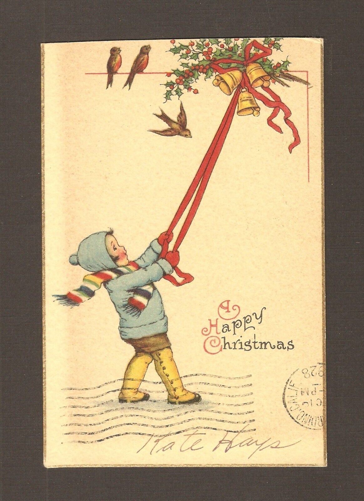 Vintage 1928 San Bernardino City Postal Postcard A Merry Christmas Greeting Card