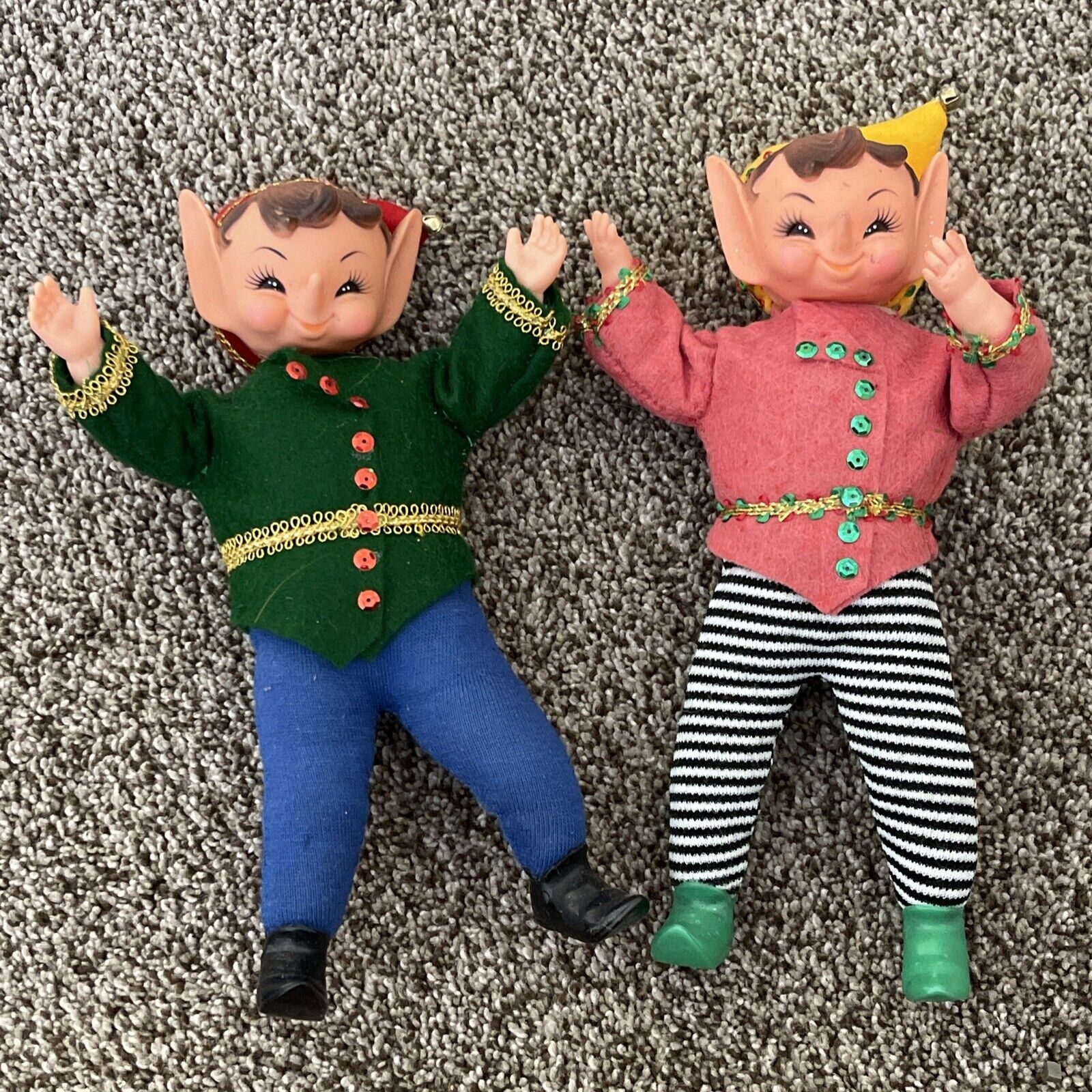 Small Tiny Christmas ELF Elves decoration Red Green long nose 8in Two Set Pair