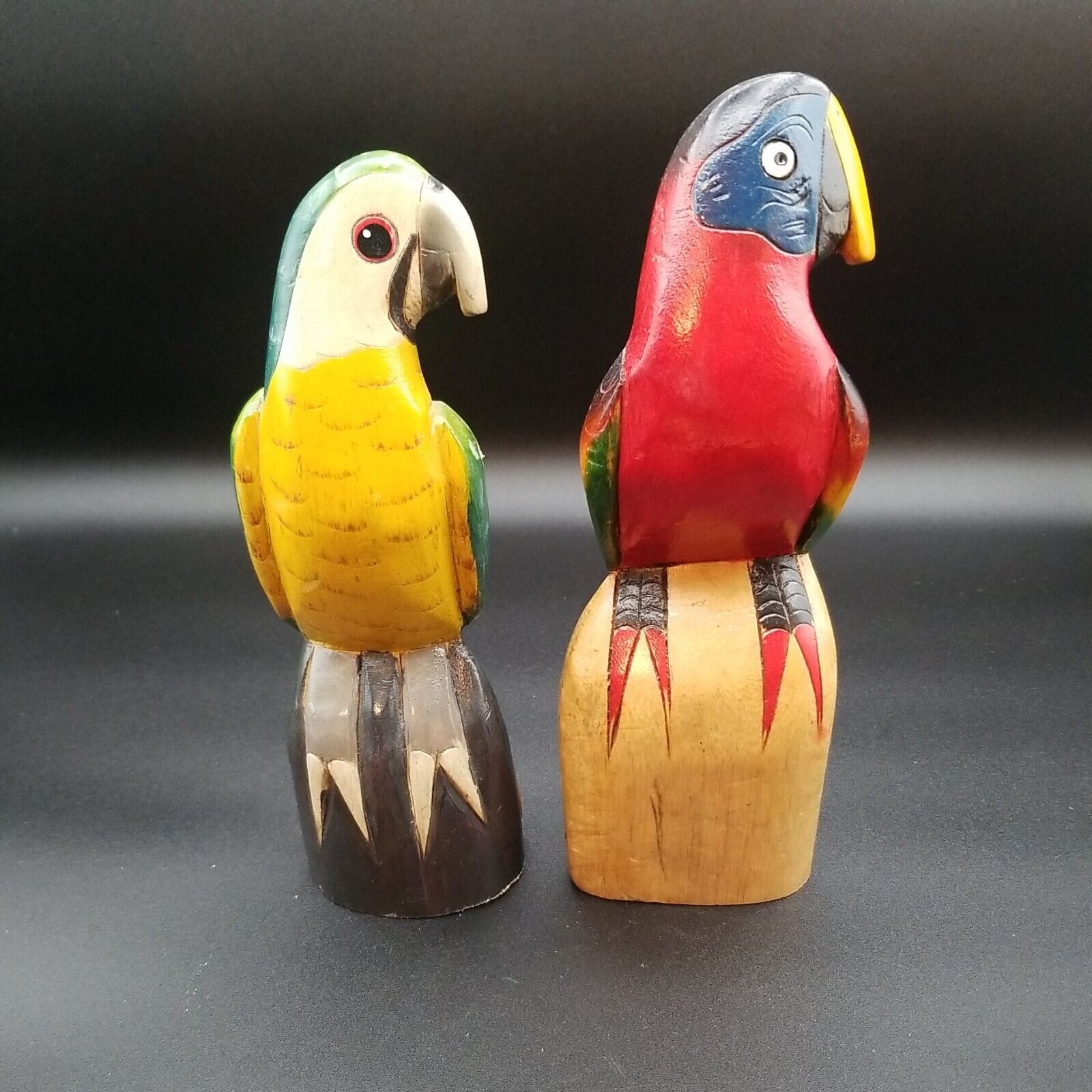 Parrots 2 Birds Hand Carved Painted Wood Folk Art Colorful Tiki Red Green Yellow