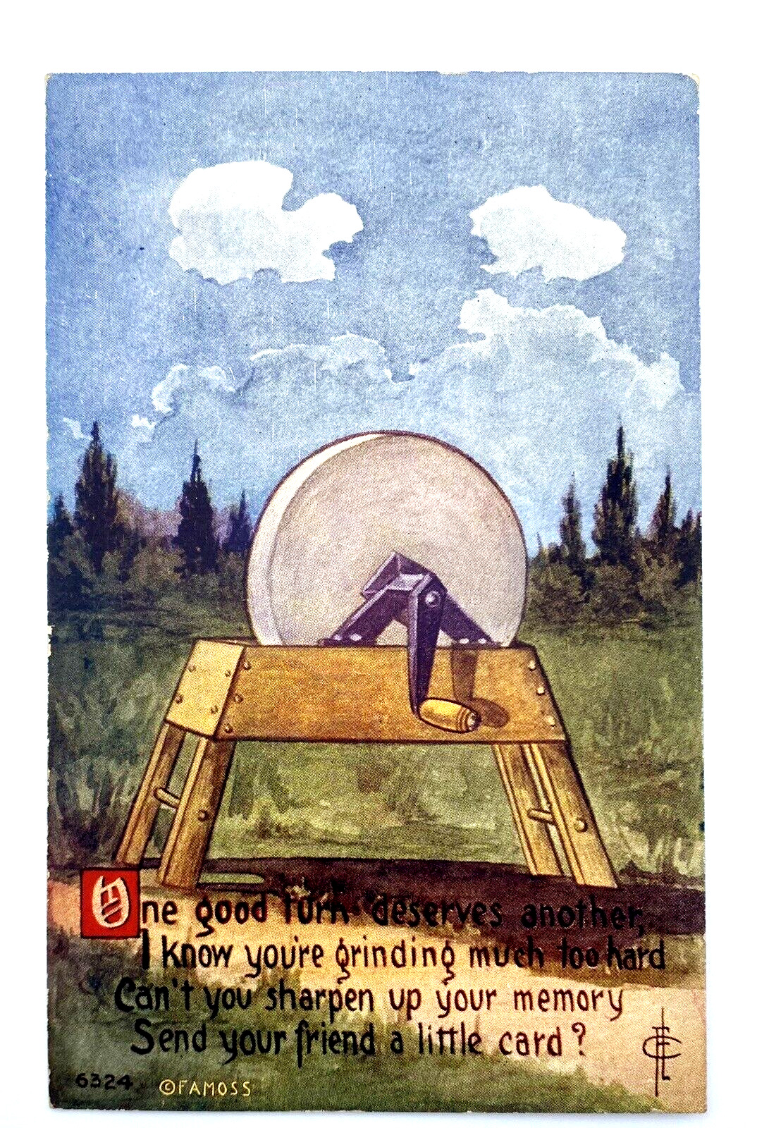 Antique Vintage Postcard 1910 Color Signed F.A. Moss Grindstone Poem Franklin OH