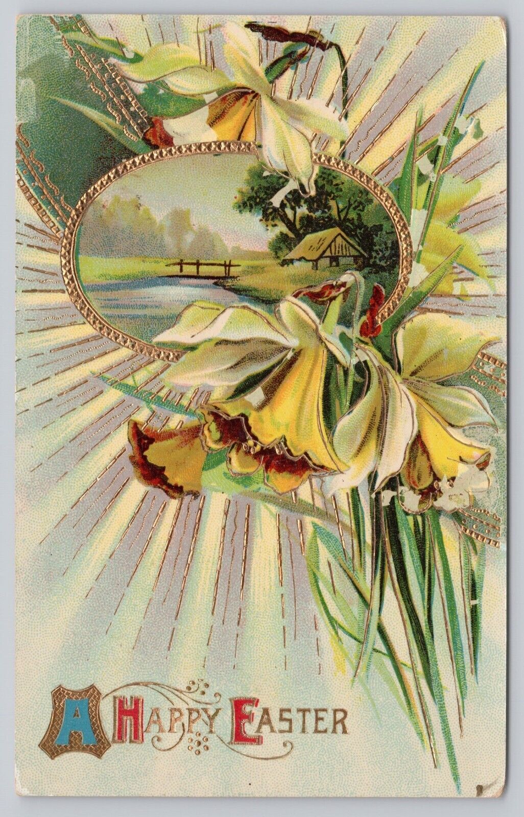 Happy Easter, Beautiful White Yellow Daffodils Country Cottage, Vintage Postcard