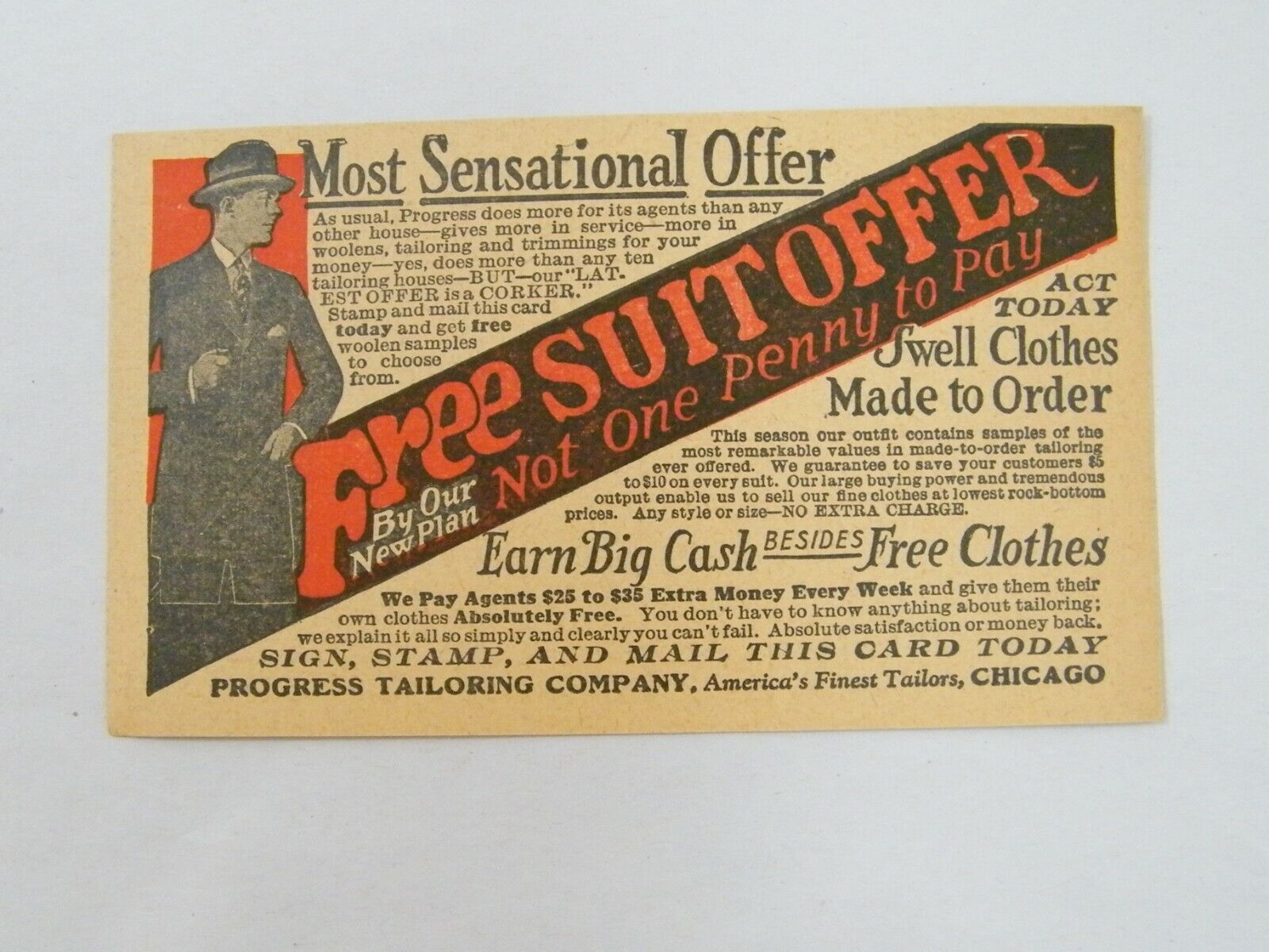 VINTAGE ADVERTISING POST CARD PROGRESS TAILORING CO FREE SUIT OFFER UNUSED