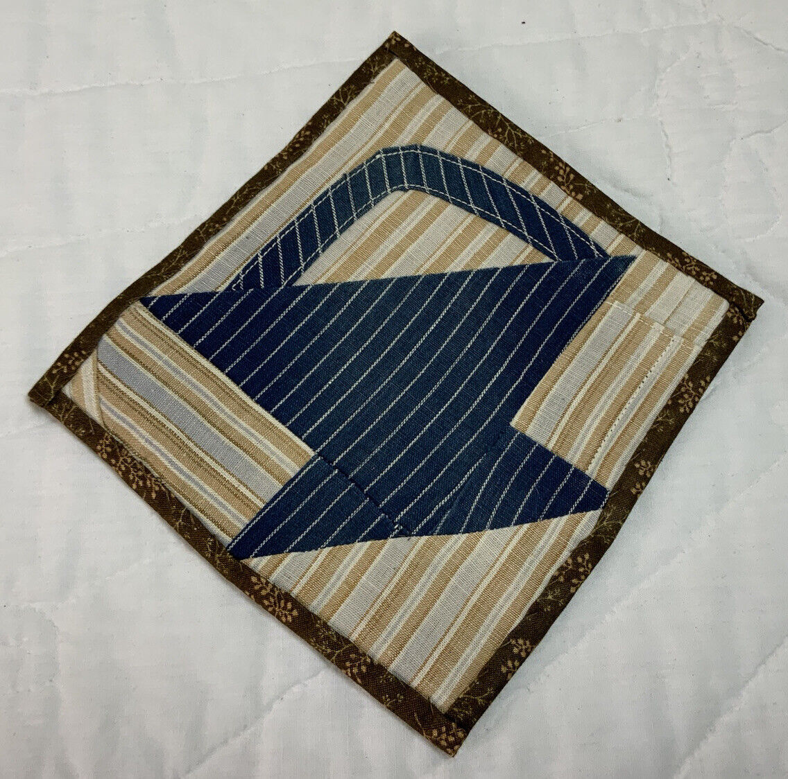 Vintage Antique Patchwork Quilt Wall Hanging, Small, Basket, Blue & White