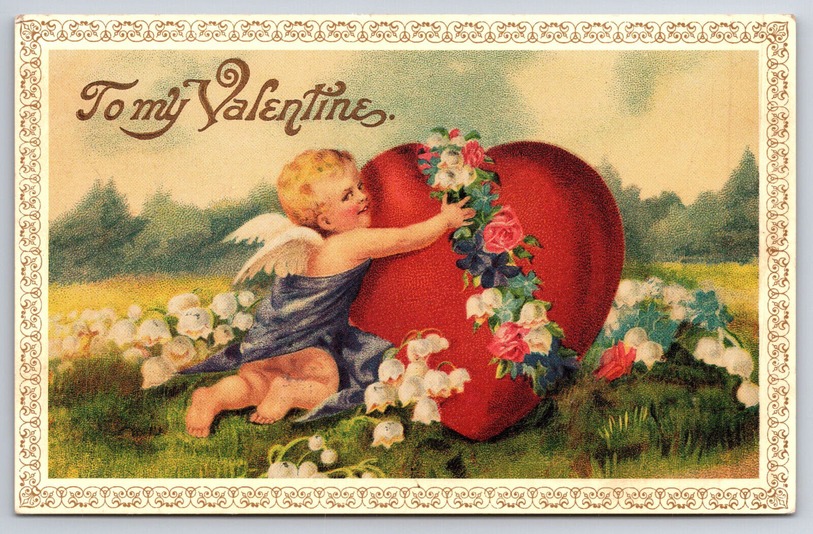 A880 Valentine Valentines Day Cupid Heart Flowers Flower Petals Vintage Postcard