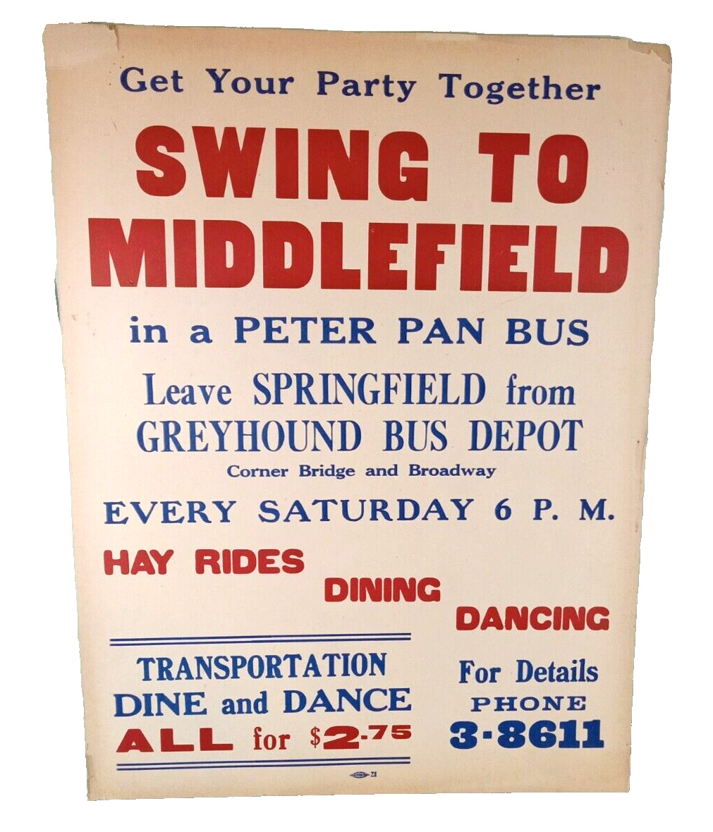 RARE Vintage Cardboard Poster SWING TO MIDDLEFIELD Peter Pan Bus Greyhound
