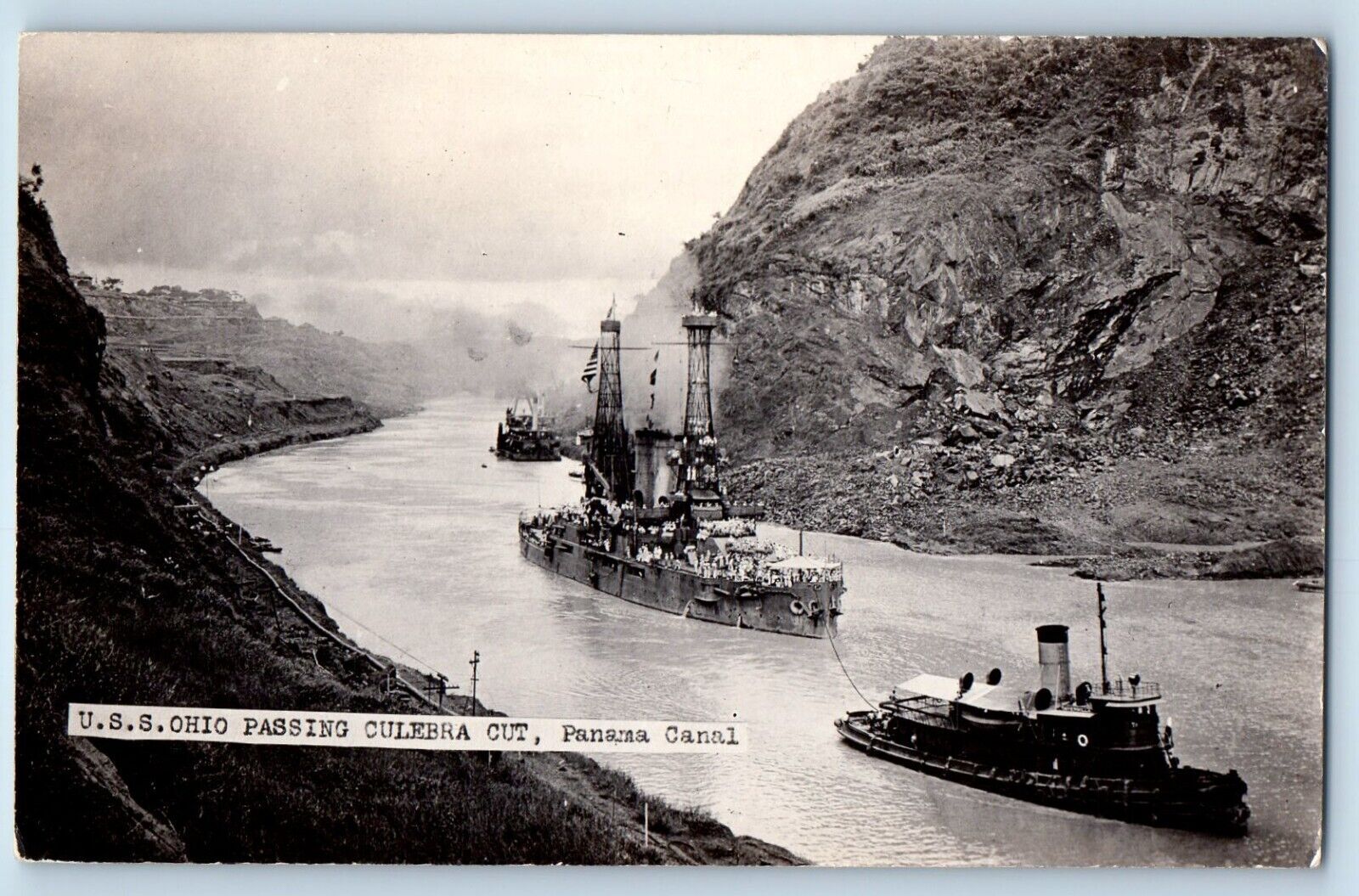 Panama Canal Postcard RPPC Photo U S S Ohio Passing Culebra Cut Steamer c1910's