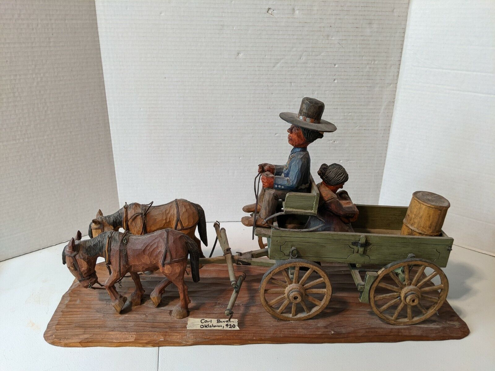 Wood Carving Horses Wagon Man Woman Child Barrel Carl Benson Oklahoma SEE PHOTOS