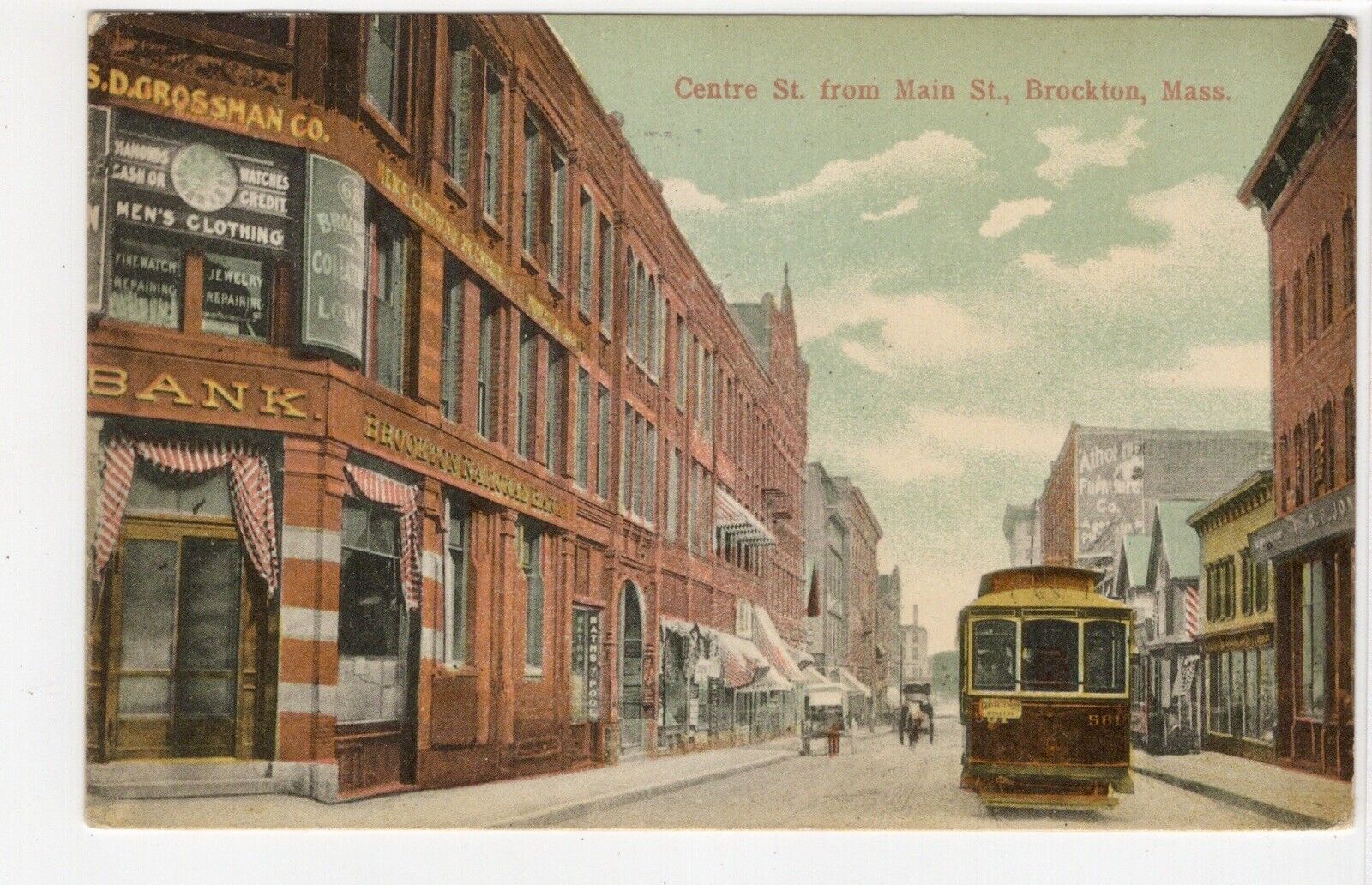 Brockton Massachusetts MA Vintage Postcard Street Scene Stores Signs Streetcar