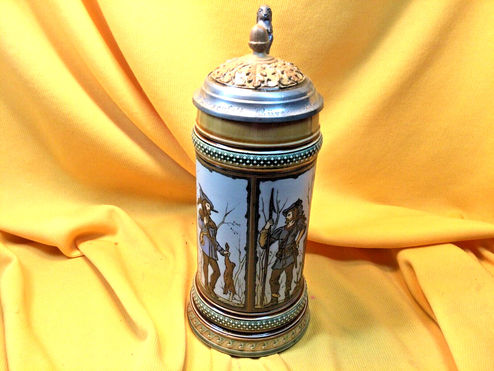 Mettlach 0.5L Beer Stein With Figural Lid and Handle - \