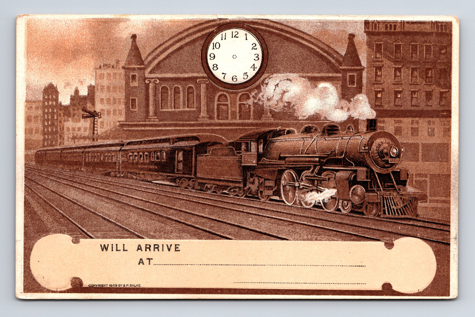 1909 Train Arrival Markable Date Time Clock Railroad SM Salke Postcard