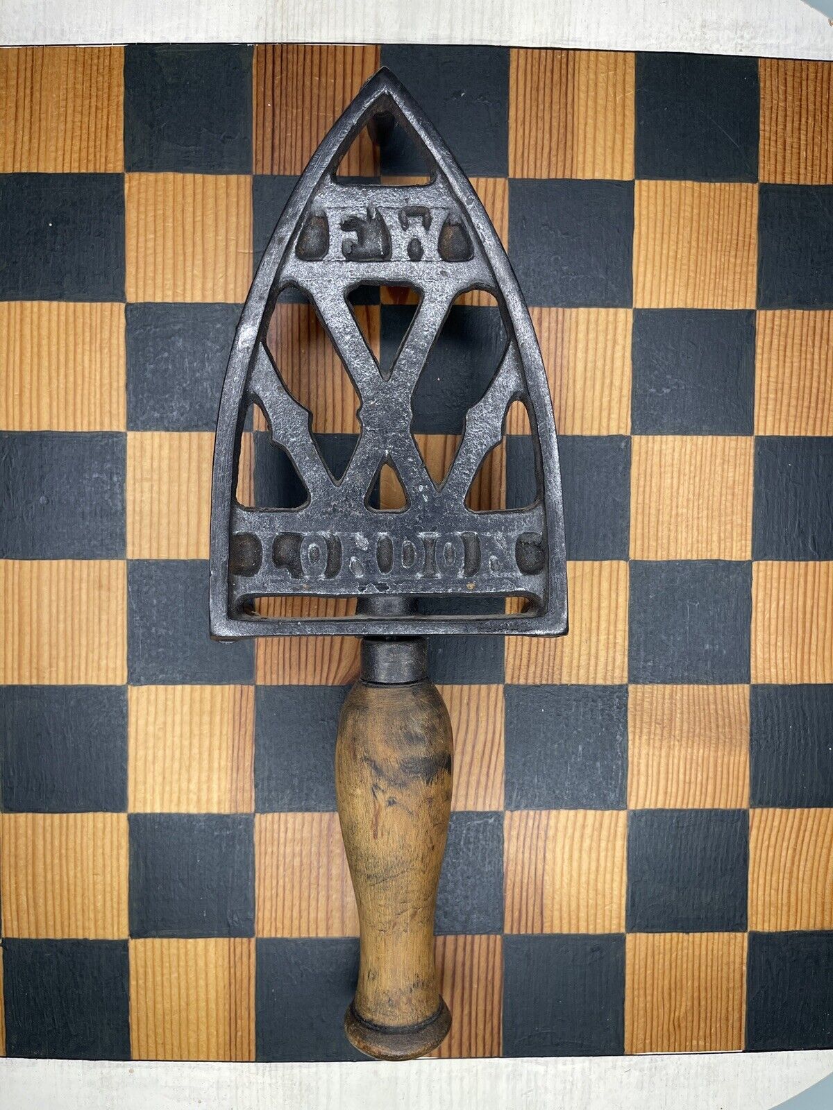 Antique Victorian F W London Cast Iron Trivet\\Hot Plate Wood Handle
