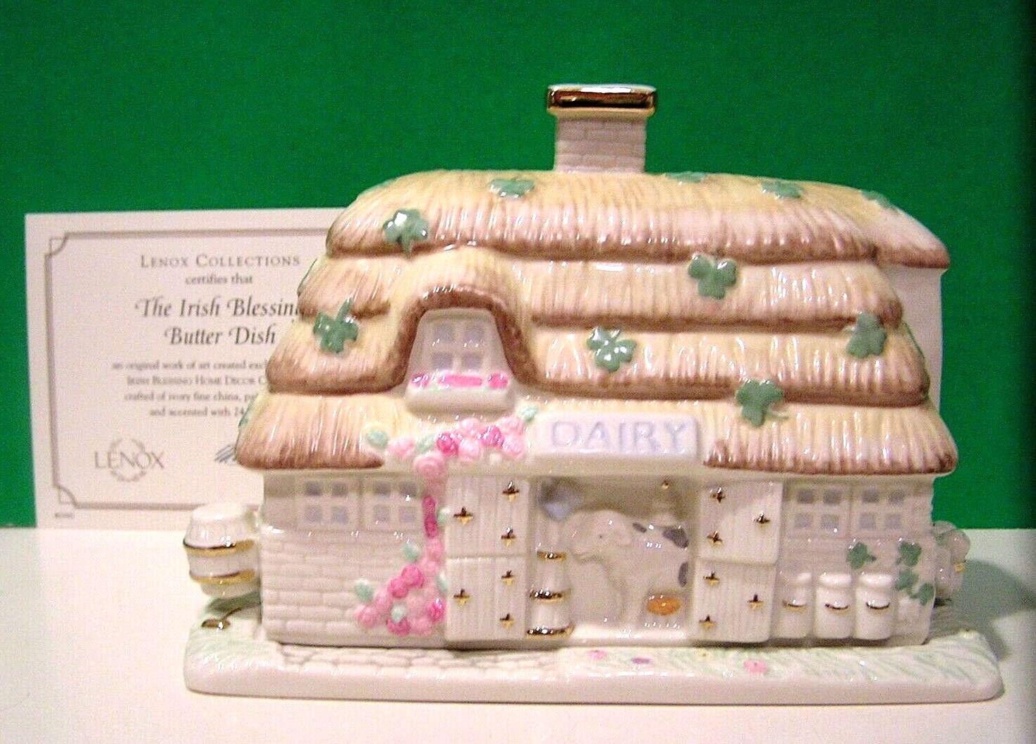 LENOX IRISH BLESSING BUTTER DISH -- Ireland cottage -- -- NEW in BOX with COA