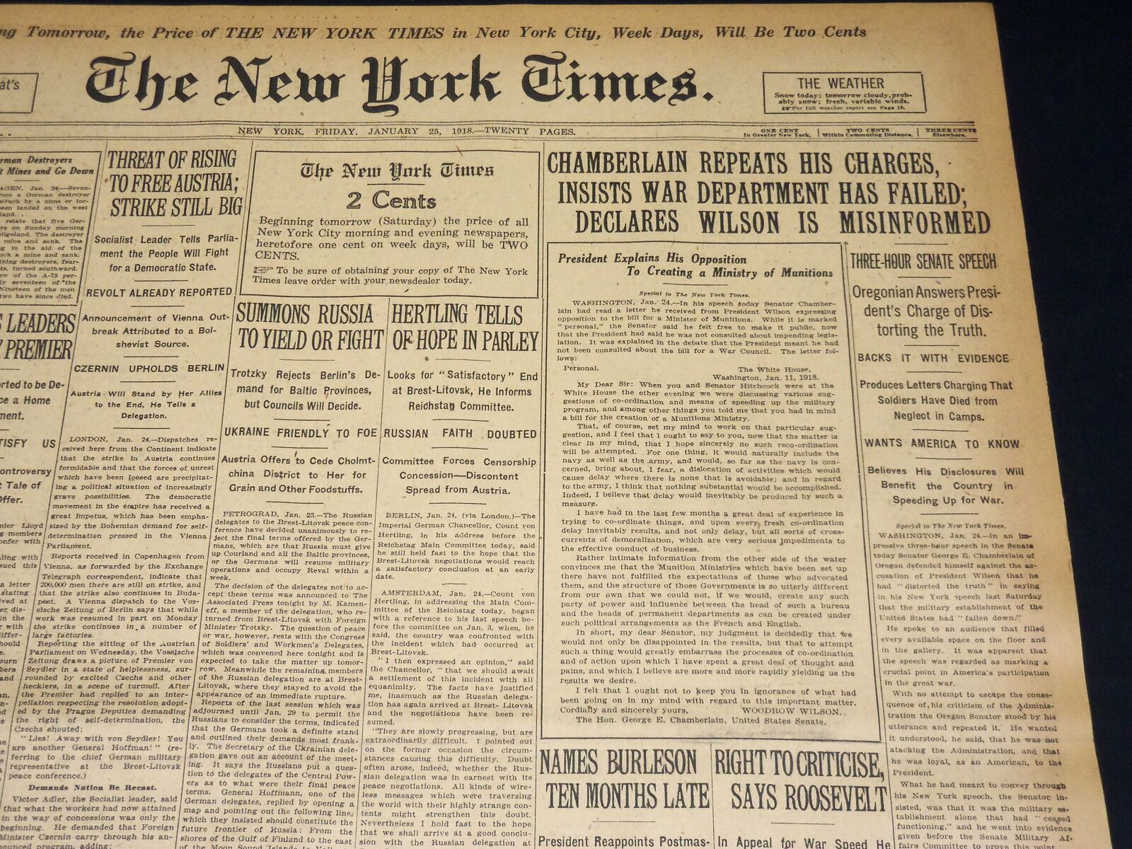 1918 JAN 25 NEW YORK TIMES - CHAMBERLAIN DECLARES WILSON MISINFORMED - NT 7937