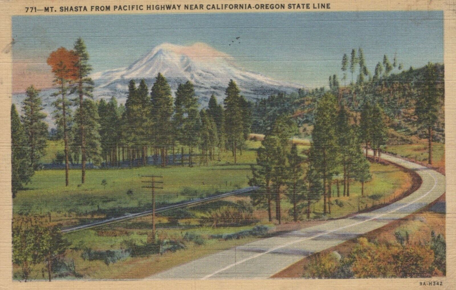 Mt. Shasta Pacific HWY California OR State Line Posted Vintage Linen Post Card 