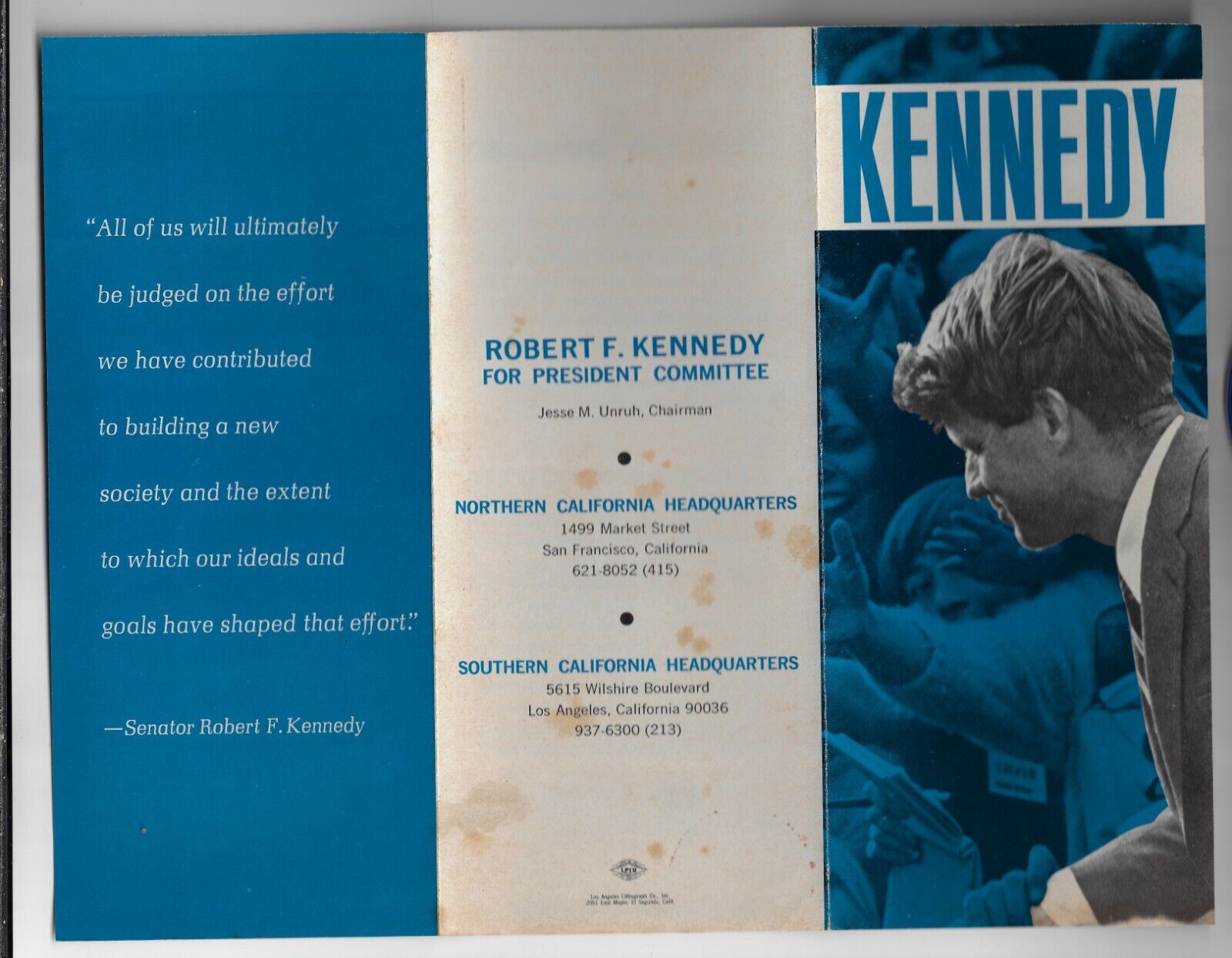 6/4/1968 Bobby Kennedy Calif Campaign HQ Presidential Campaign Flier Dem Primary