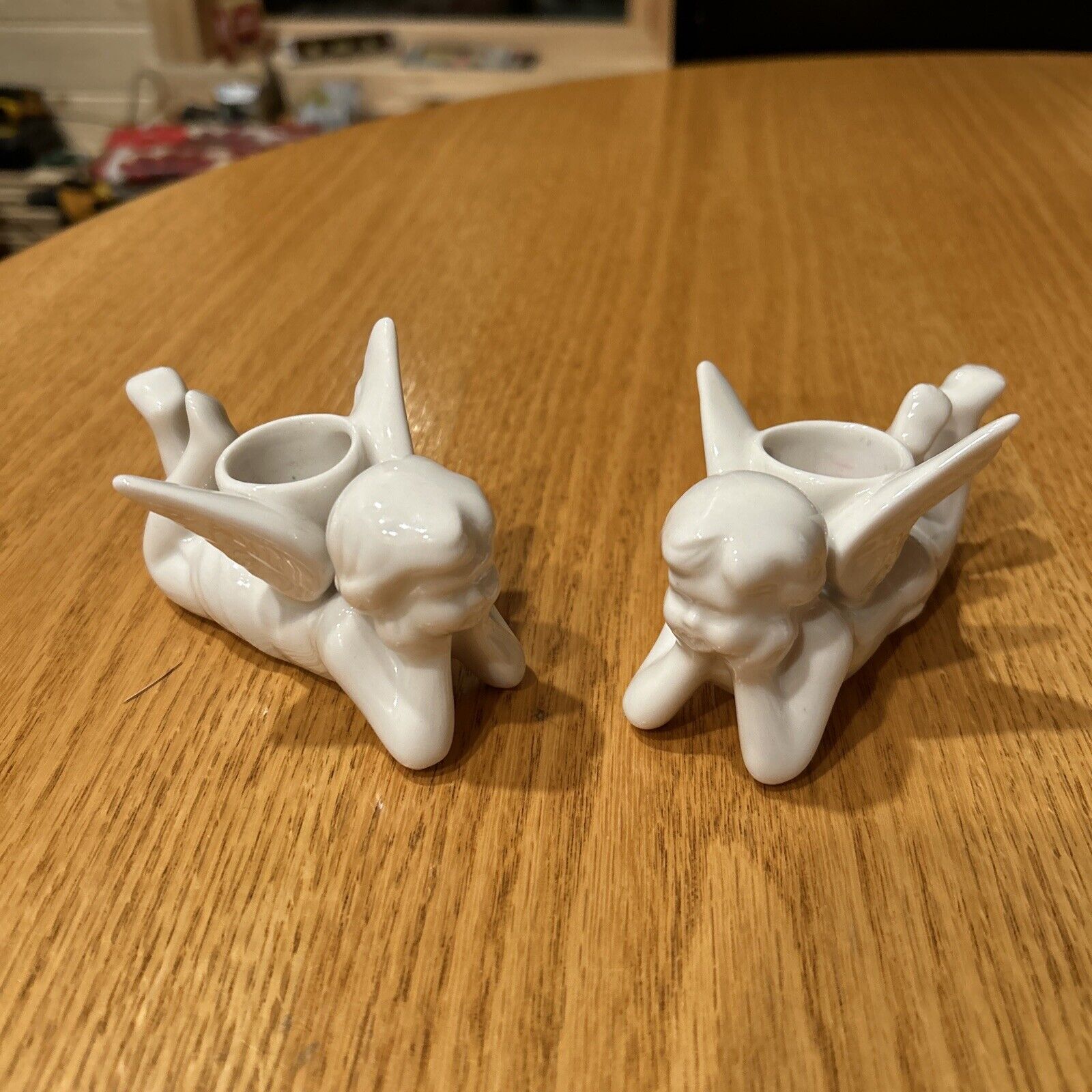 Pair Of White Porcelain Angel Candle Holders