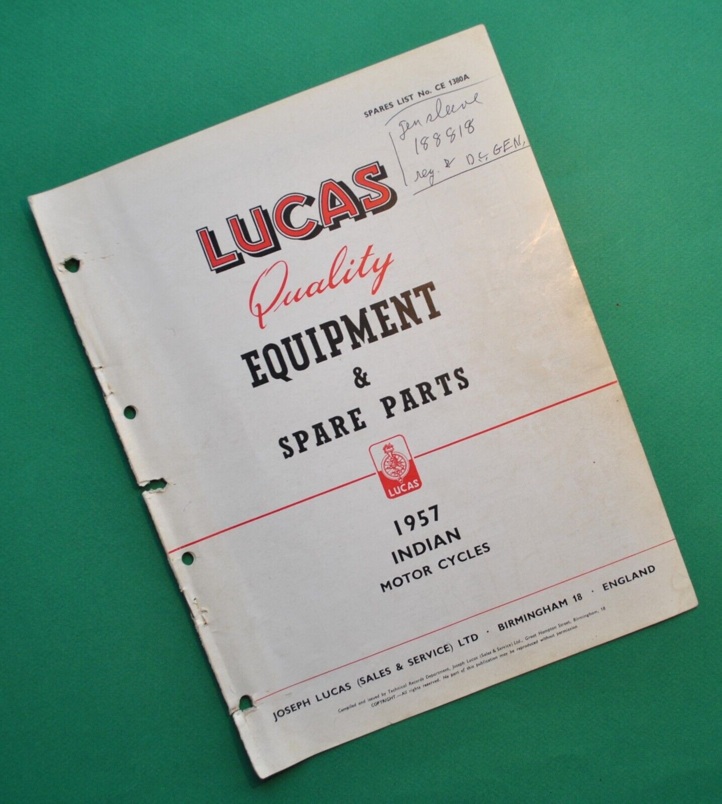 1957 Indian Motorcycle Book Lucas Parts Catalog Apache Woodsman Tomahawk