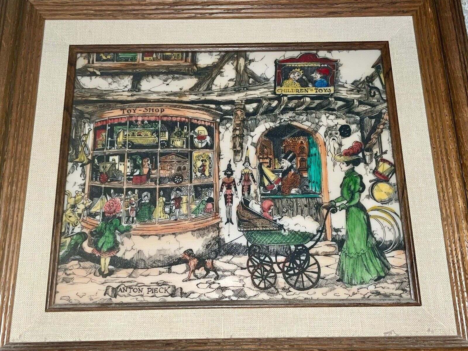 Vintage Anton Pieck Engraved Etched Scrimshaw Resin Painting Toy Shop 15” x 13”