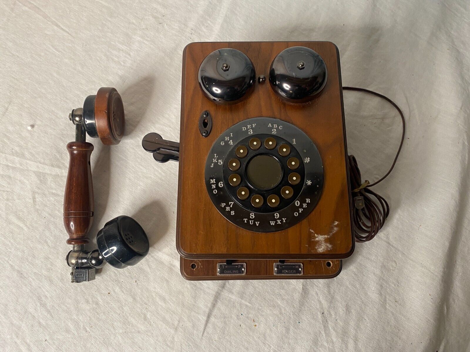 VTG Solid Stained Oak Wooden Western Electric Push Button Wall Phone Farmhouse