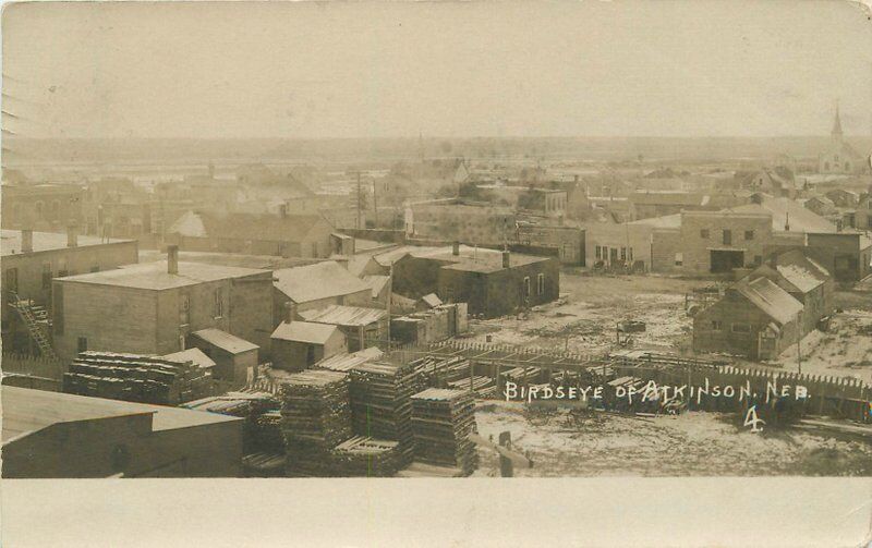 1908 Atkinson Holt Nebraska Birdseye Town View Lumber Yard RPPC Real Photo