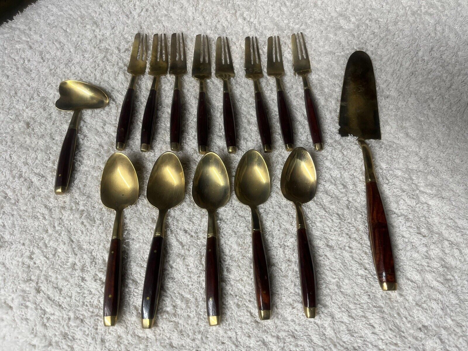 VTG MID CENTURY MODERN THAI BRASS And Rosewood FLATWARE SERVING SET Of 15 Pieces