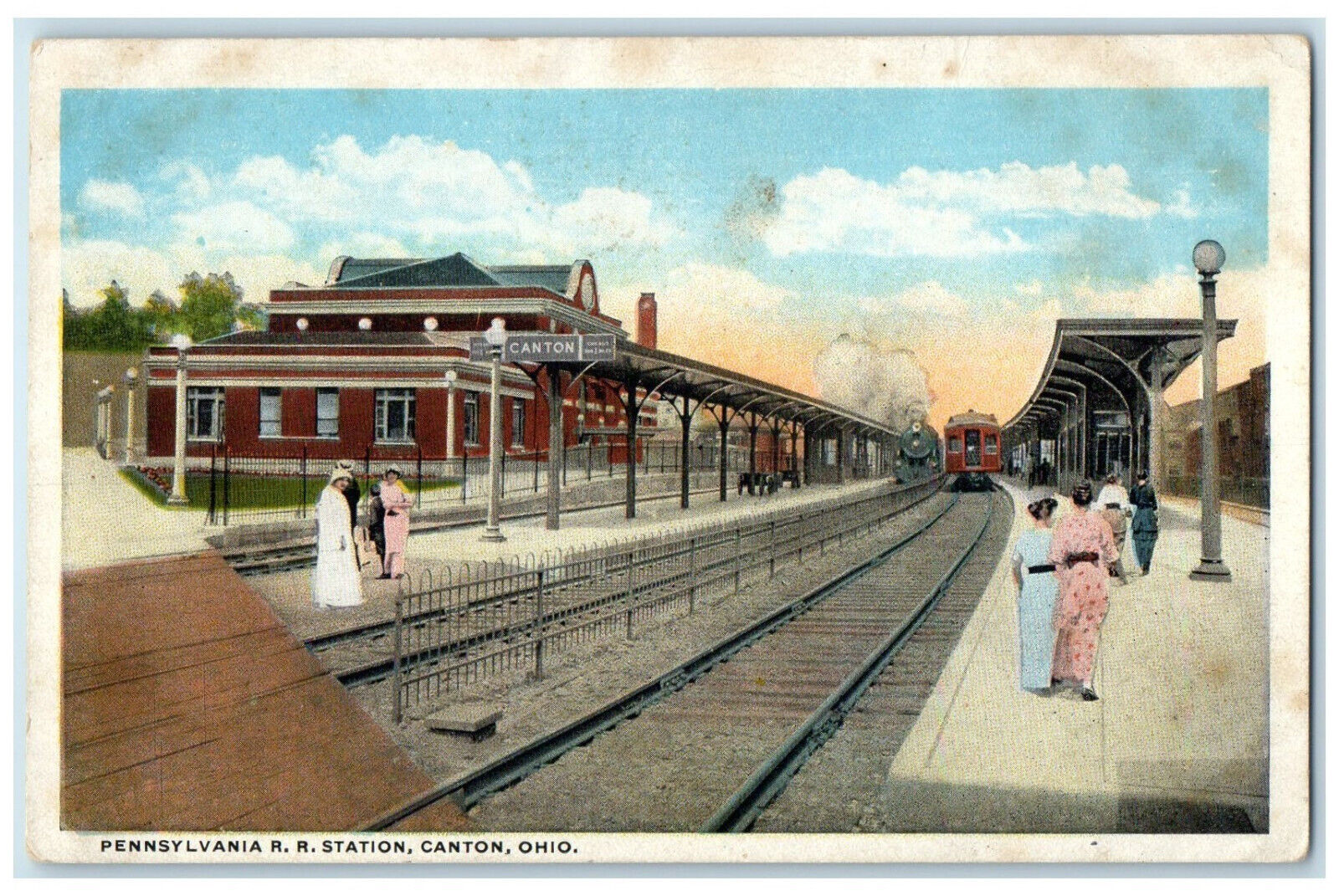 c1930\'s Pennsylvania R.R. Station Canton Ohio OH Train Approaching Postcard